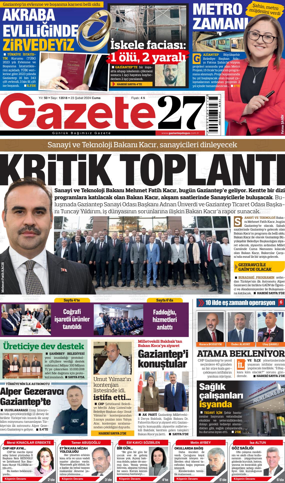 23 Şubat 2024 Gaziantep Doğuş Gazete Manşeti