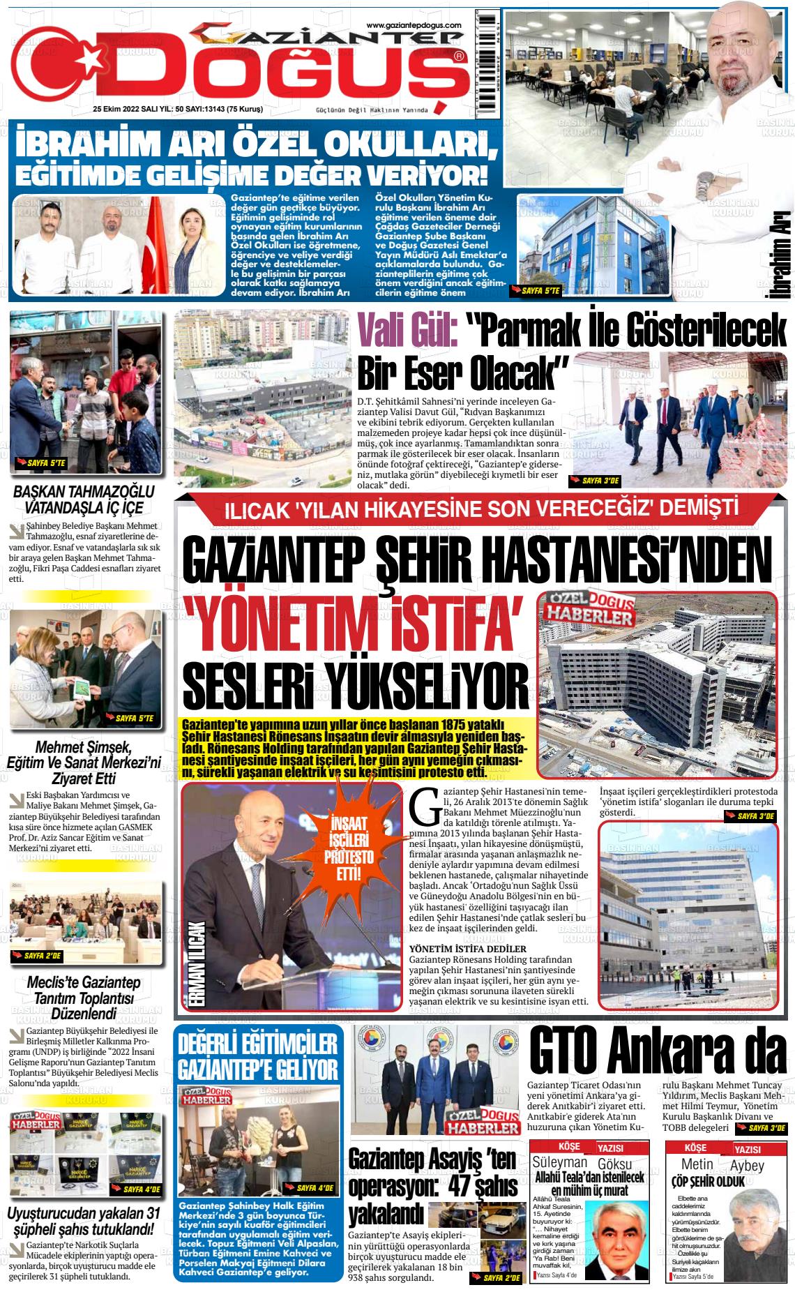 25 Ekim 2022 Gaziantep Doğuş Gazete Manşeti