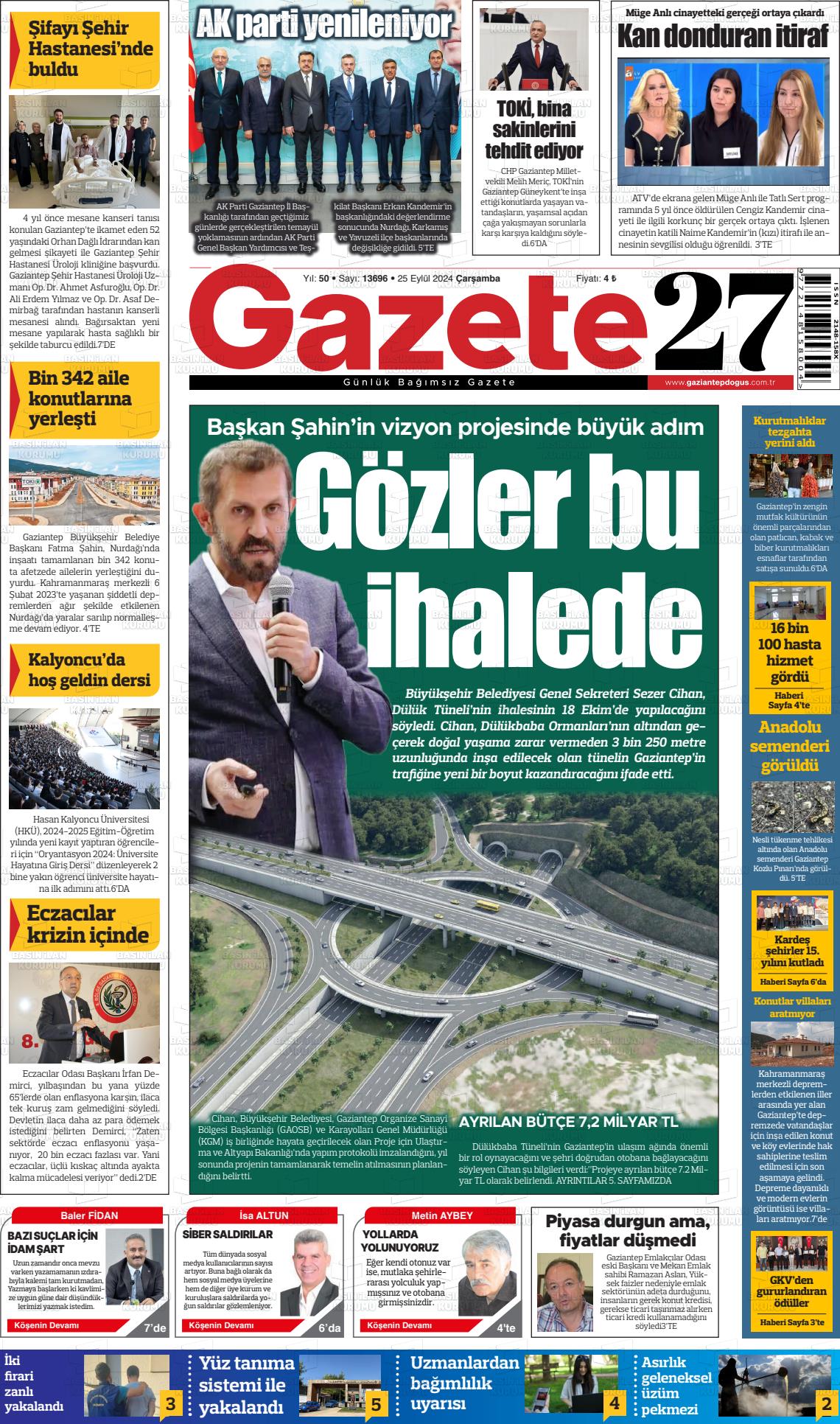 25 Eylül 2024 Gaziantep Doğuş Gazete Manşeti