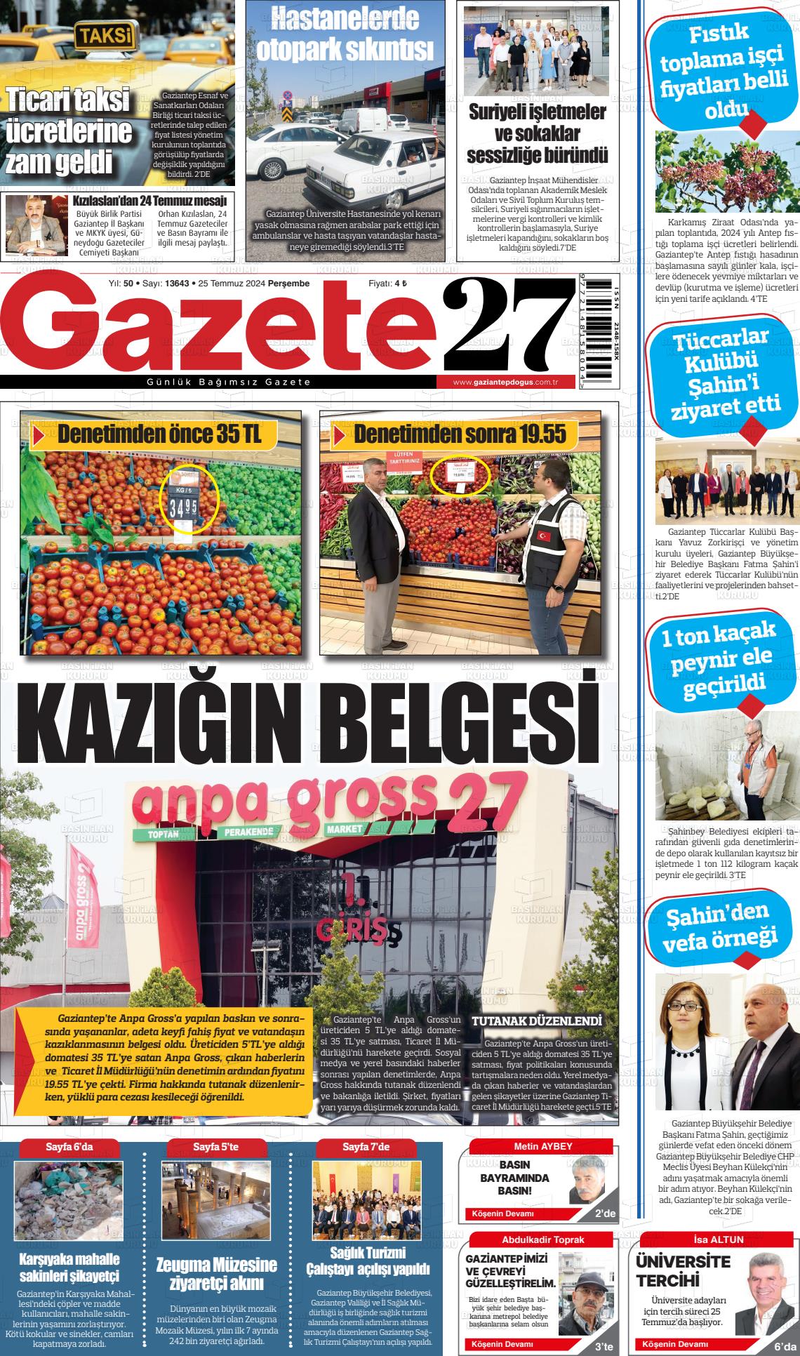 25 Temmuz 2024 Gaziantep Doğuş Gazete Manşeti