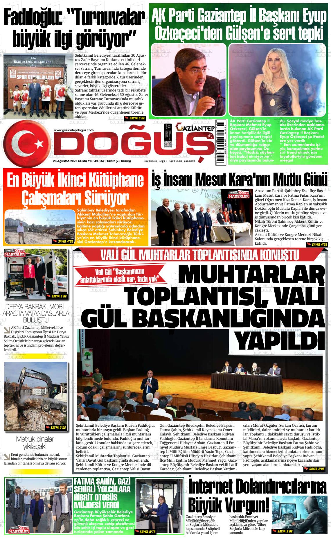 26 Ağustos 2022 Gaziantep Doğuş Gazete Manşeti