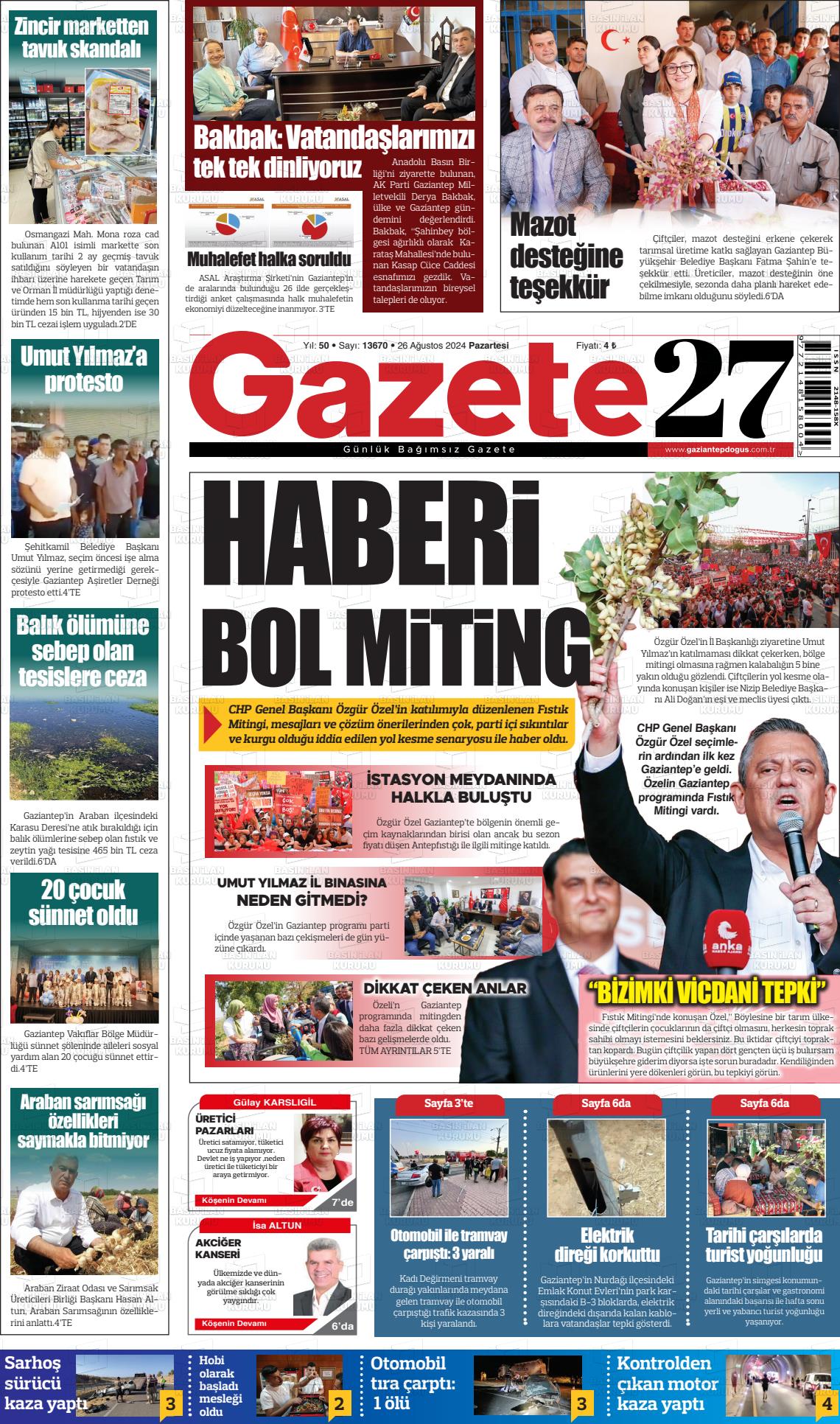 26 Ağustos 2024 Gaziantep Doğuş Gazete Manşeti