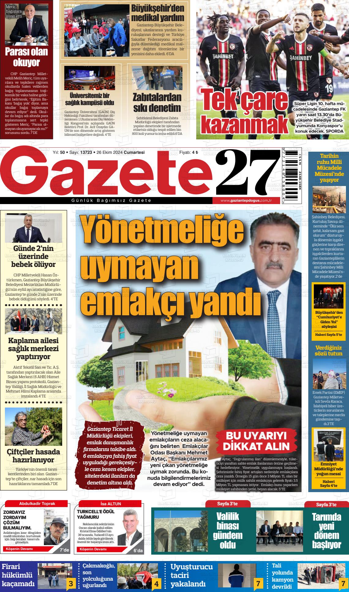 26 Ekim 2024 Gaziantep Doğuş Gazete Manşeti