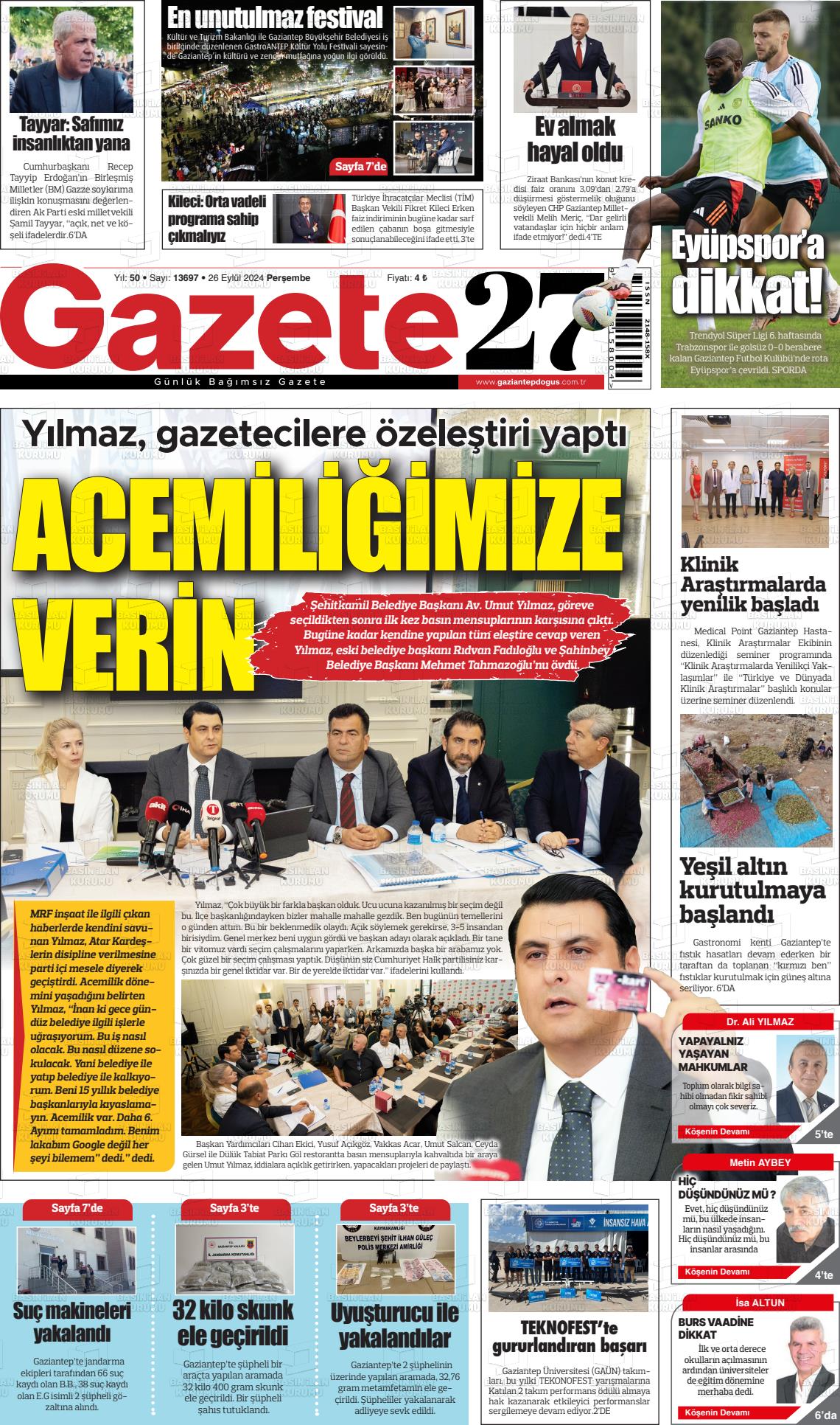 26 Eylül 2024 Gaziantep Doğuş Gazete Manşeti