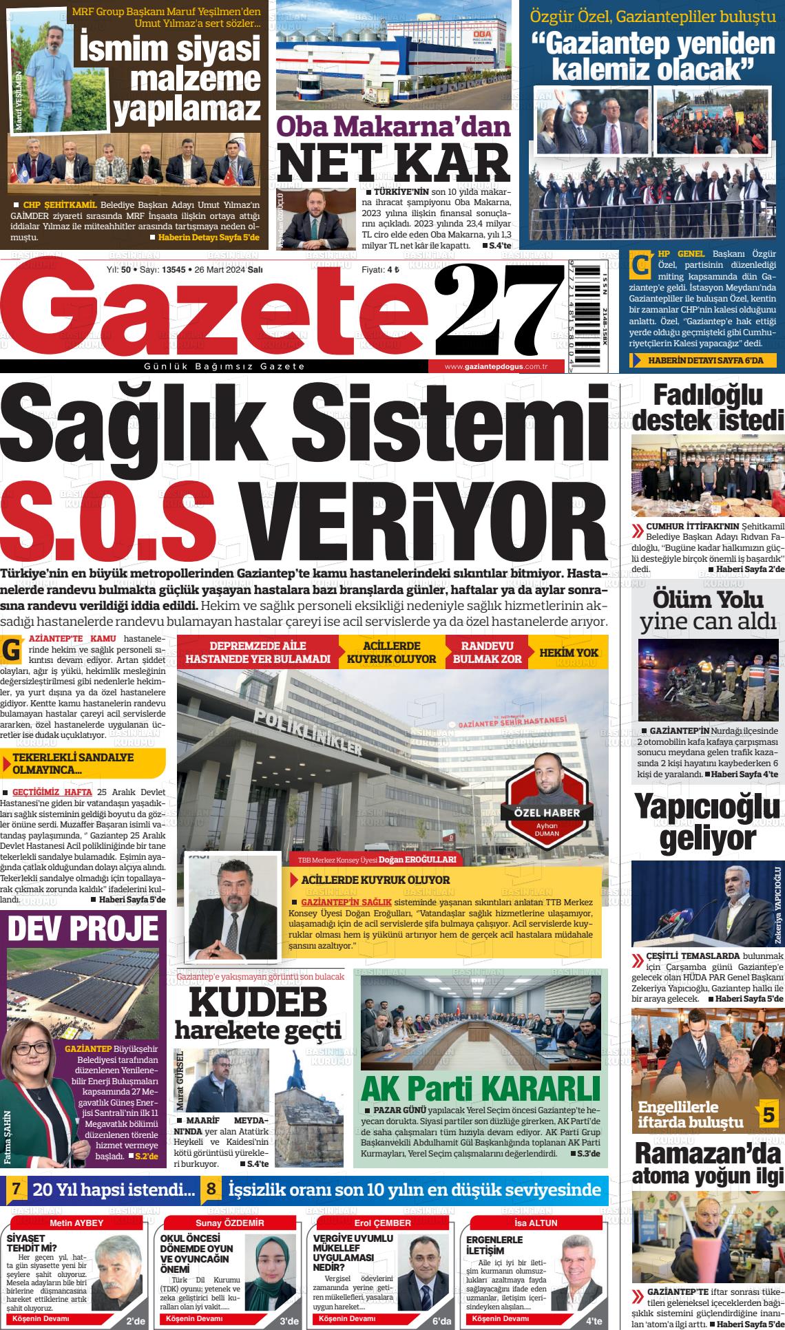 26 Mart 2024 Gaziantep Doğuş Gazete Manşeti