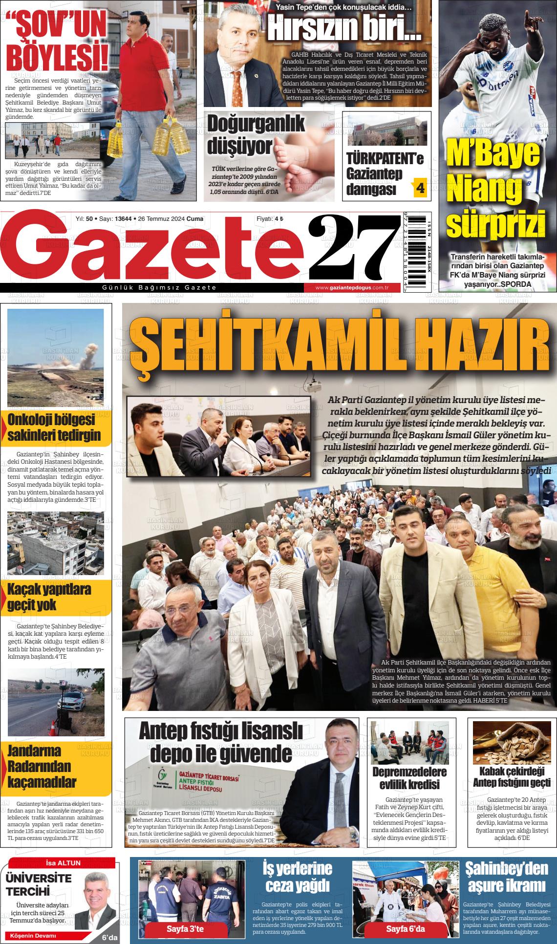 27 Temmuz 2024 Gaziantep Doğuş Gazete Manşeti