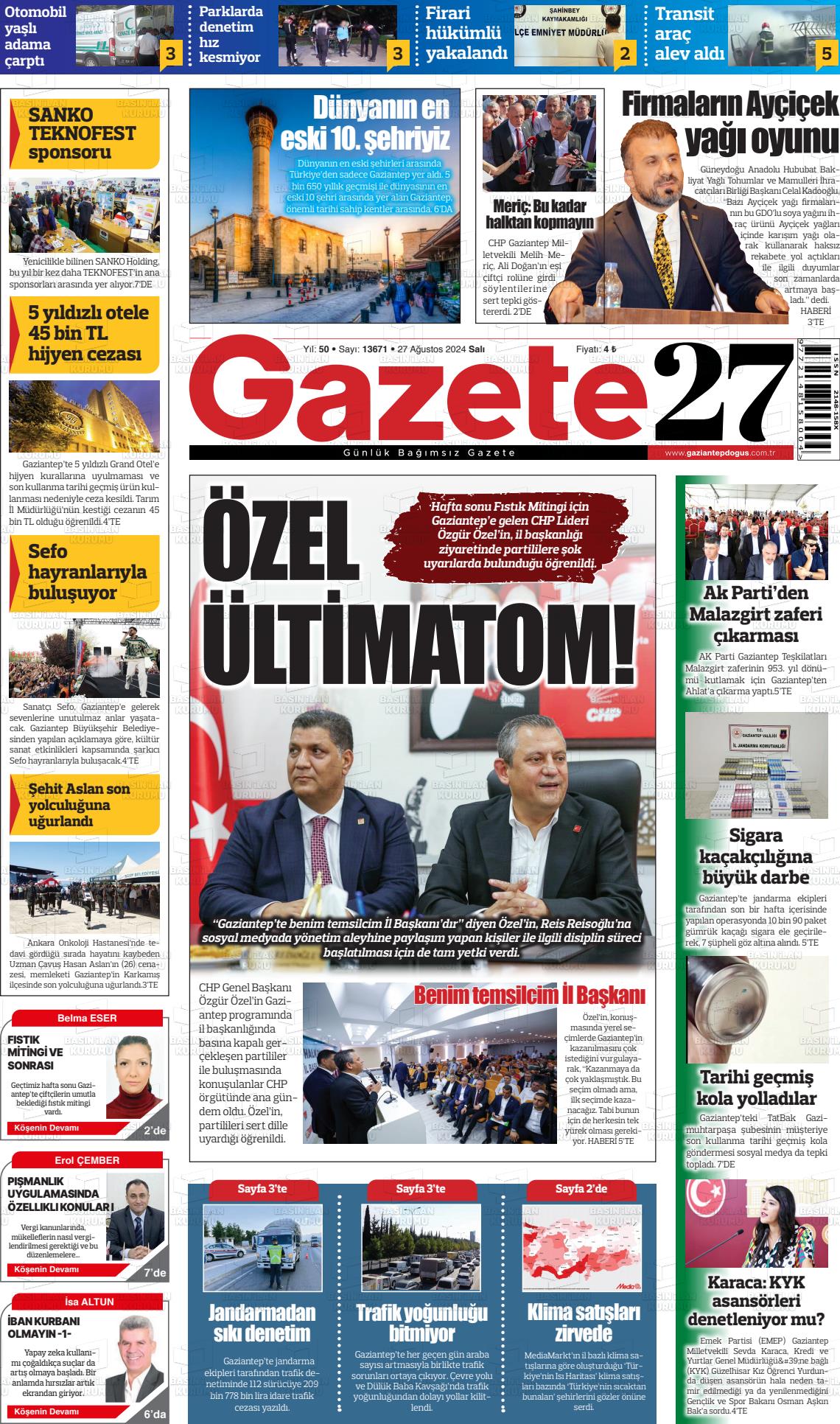 27 Ağustos 2024 Gaziantep Doğuş Gazete Manşeti