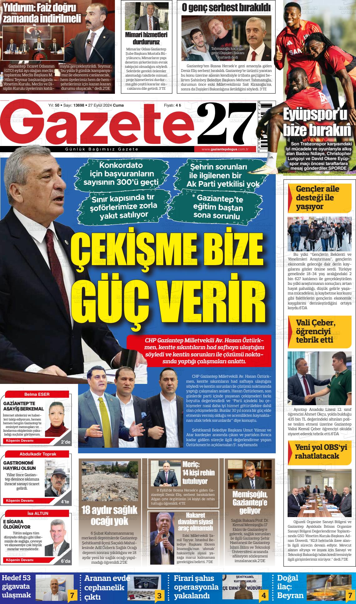 27 Eylül 2024 Gaziantep Doğuş Gazete Manşeti