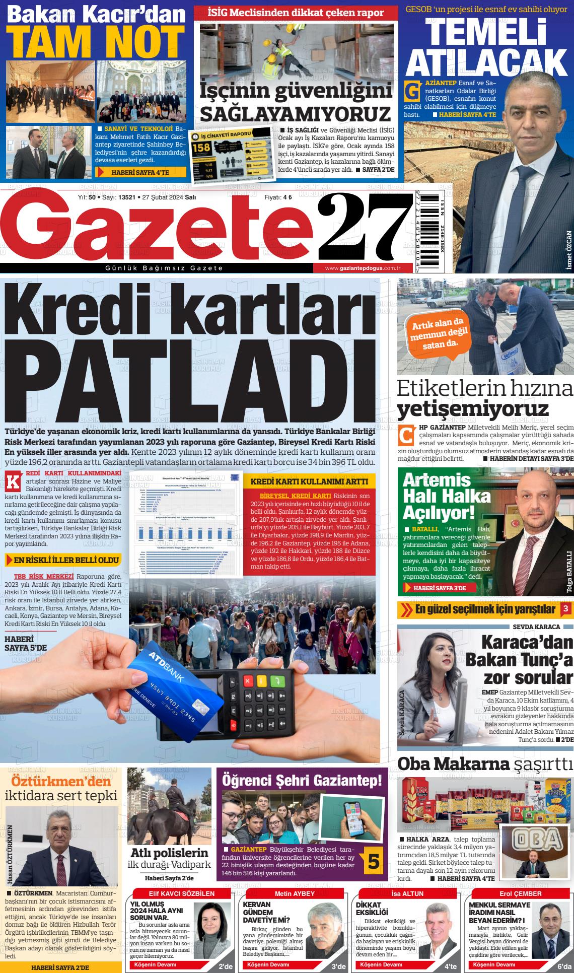 27 Şubat 2024 Gaziantep Doğuş Gazete Manşeti