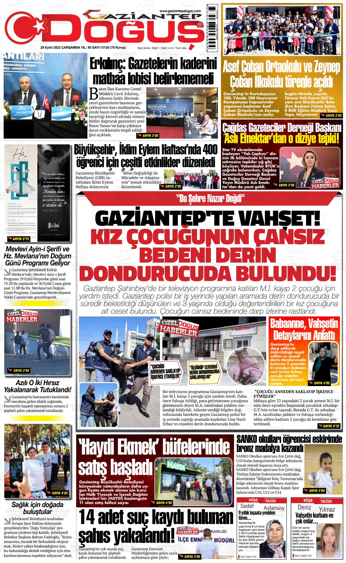 28 Eylül 2022 Gaziantep Doğuş Gazete Manşeti