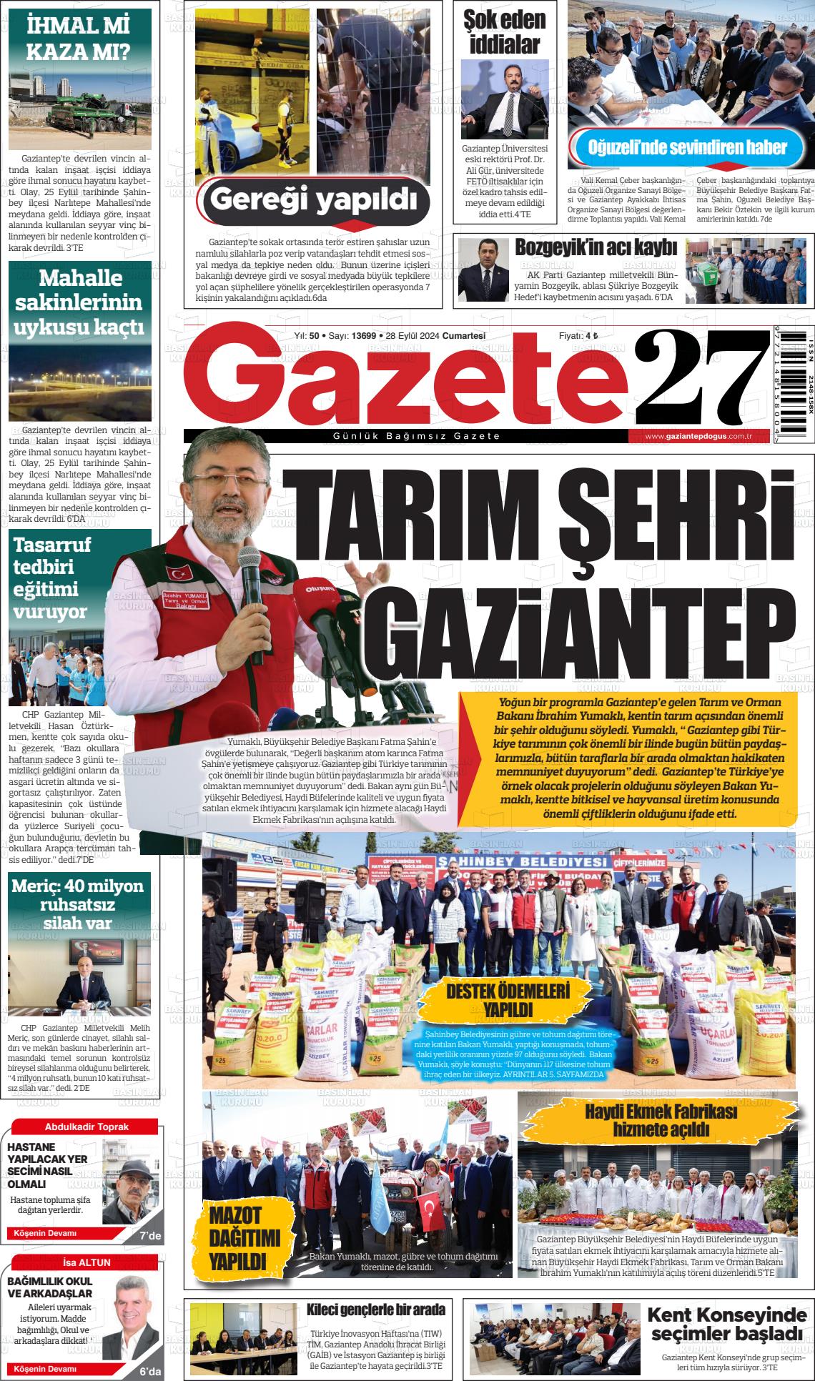 28 Eylül 2024 Gaziantep Doğuş Gazete Manşeti