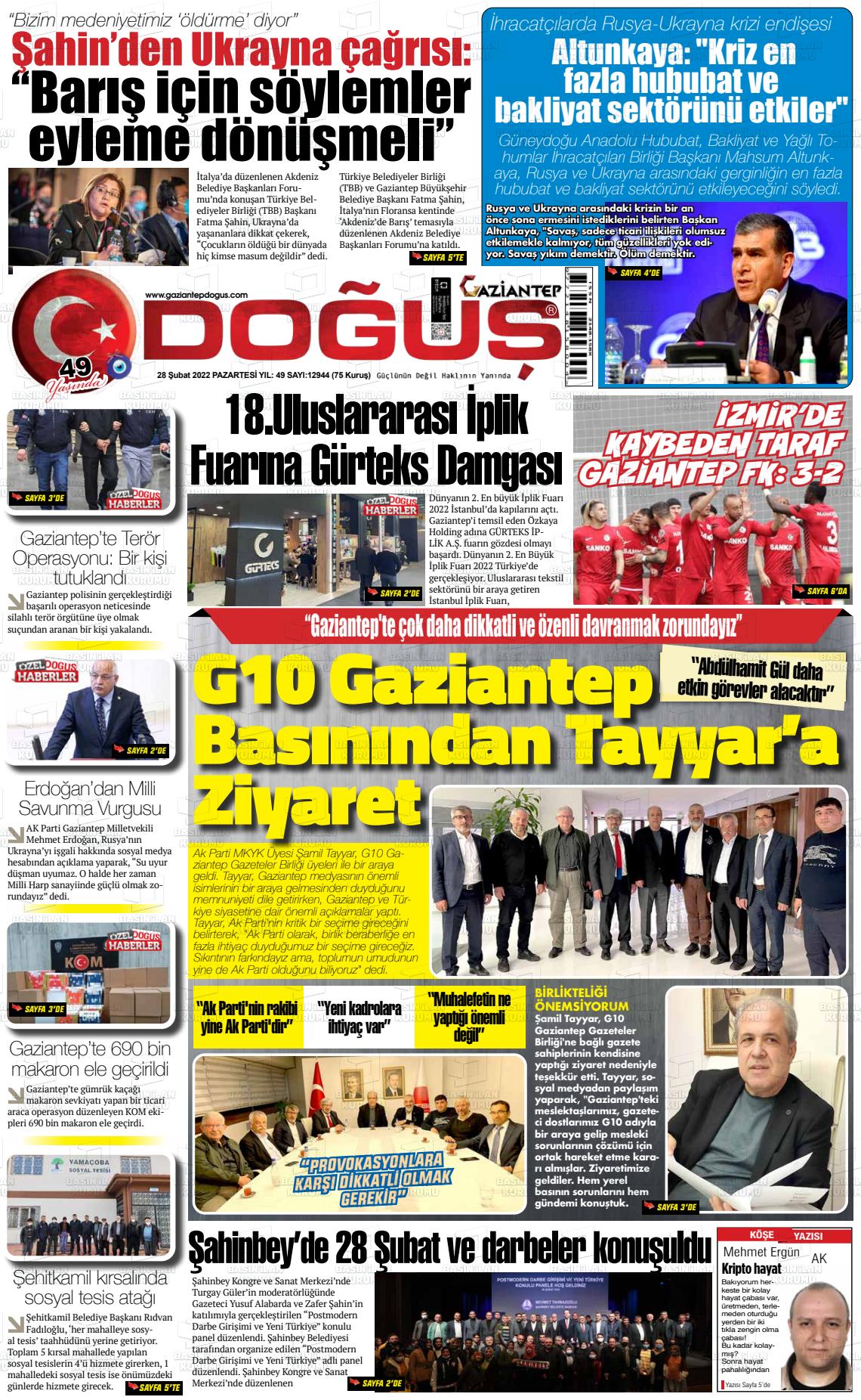 28 Nisan 2022 Gaziantep Doğuş Gazete Manşeti