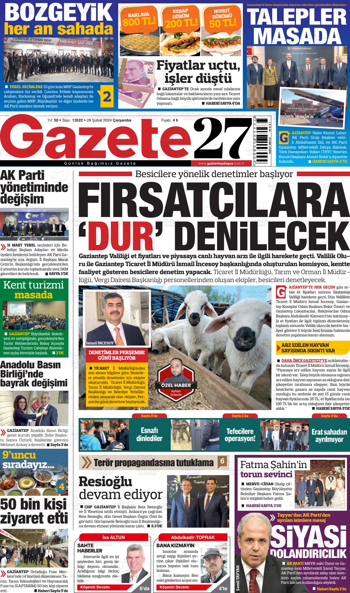 28 Şubat 2024 Gaziantep Doğuş Gazete Manşeti