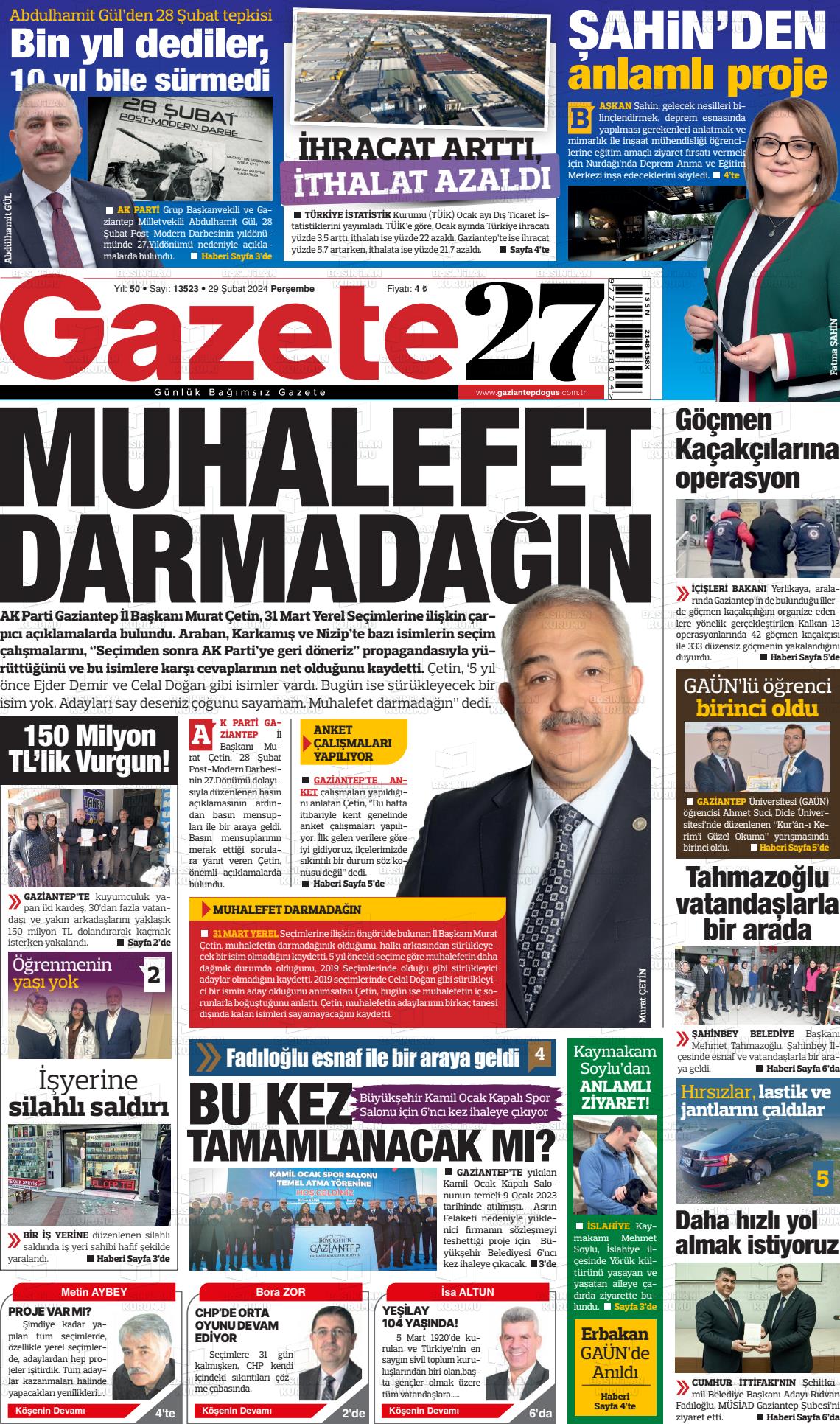 29 Şubat 2024 Gaziantep Doğuş Gazete Manşeti