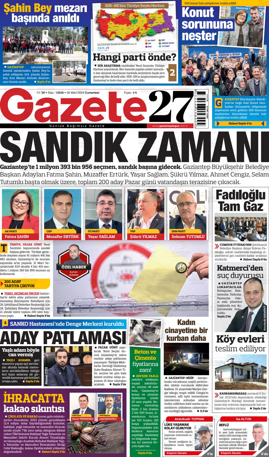 30 Mart 2024 Gaziantep Doğuş Gazete Manşeti