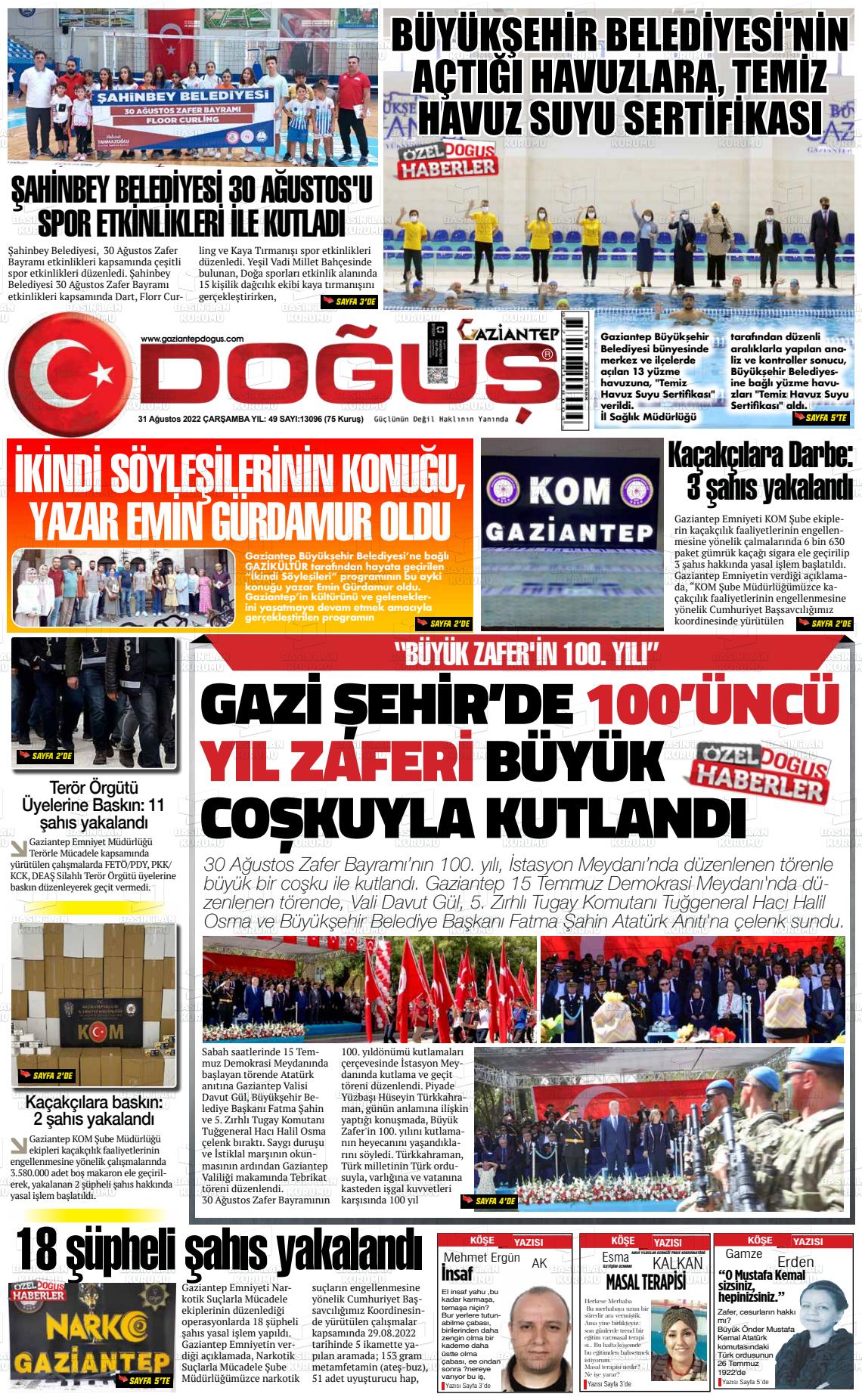 31 Ağustos 2022 Gaziantep Doğuş Gazete Manşeti