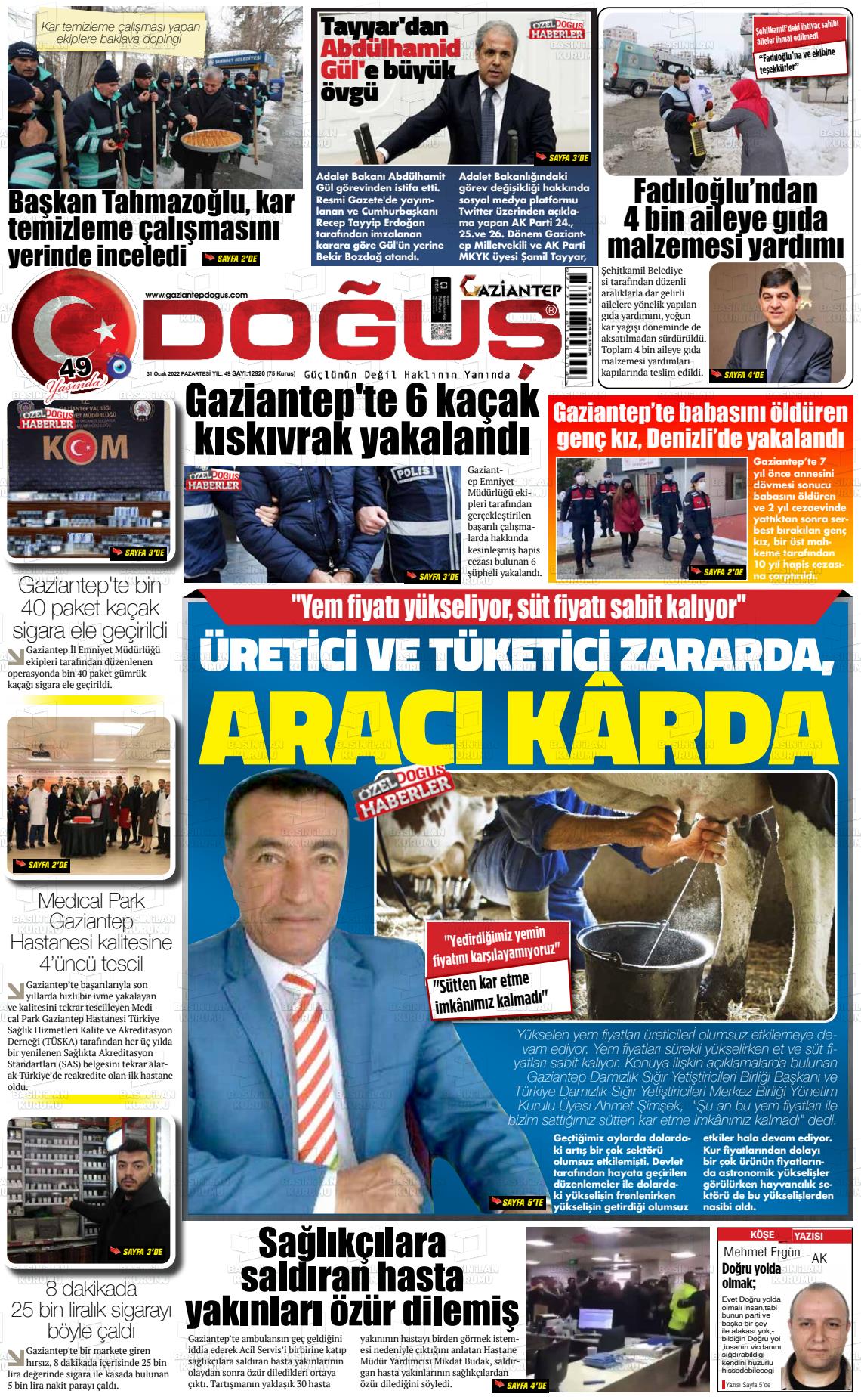 31 Ocak 2022 Gaziantep Doğuş Gazete Manşeti