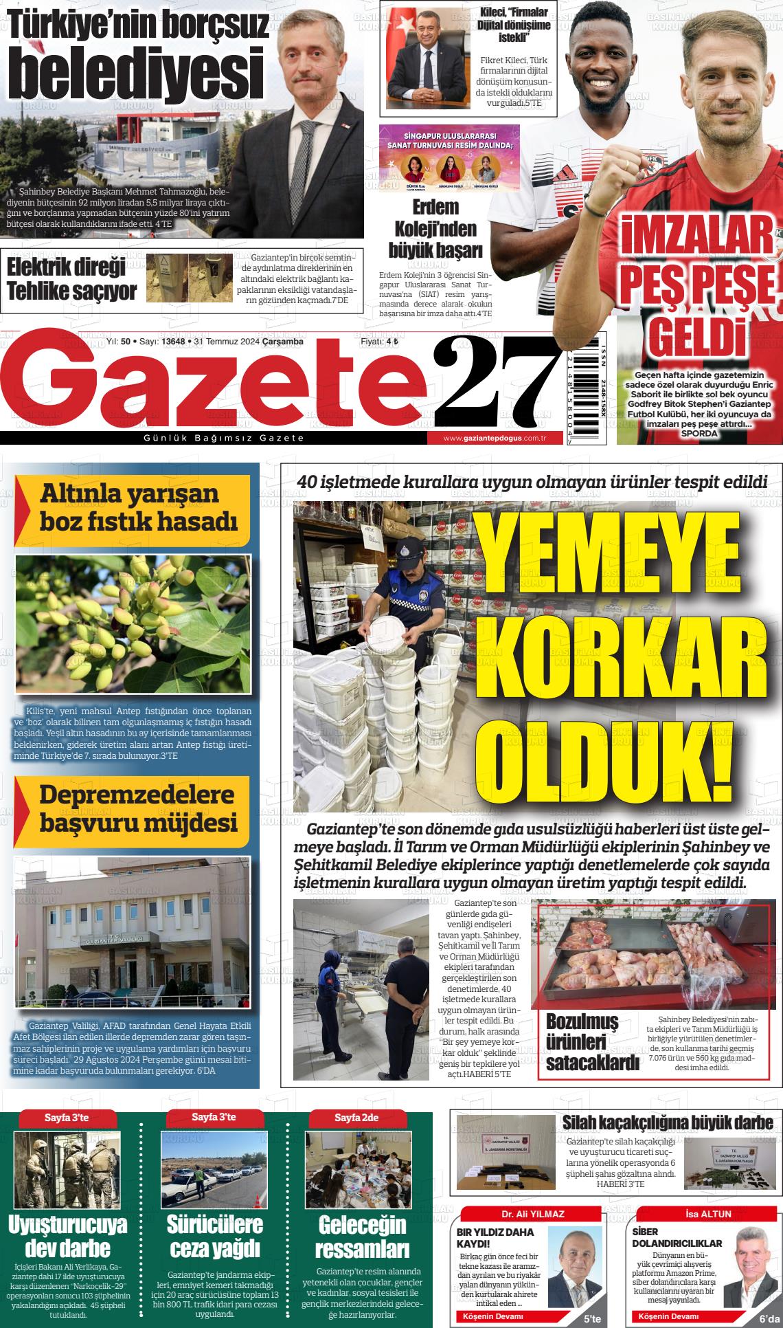 31 Temmuz 2024 Gaziantep Doğuş Gazete Manşeti