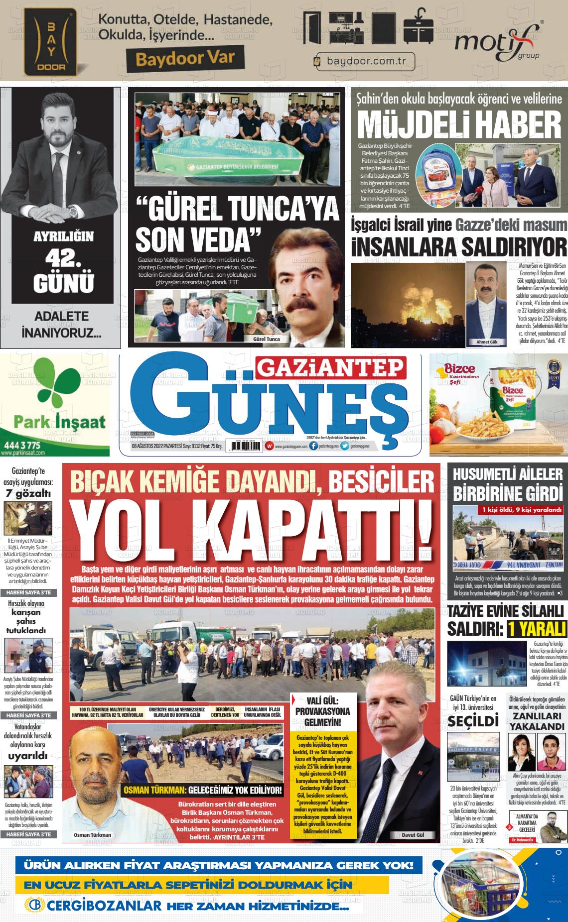 08 Ağustos 2022 Gaziantep Güneş Gazete Manşeti
