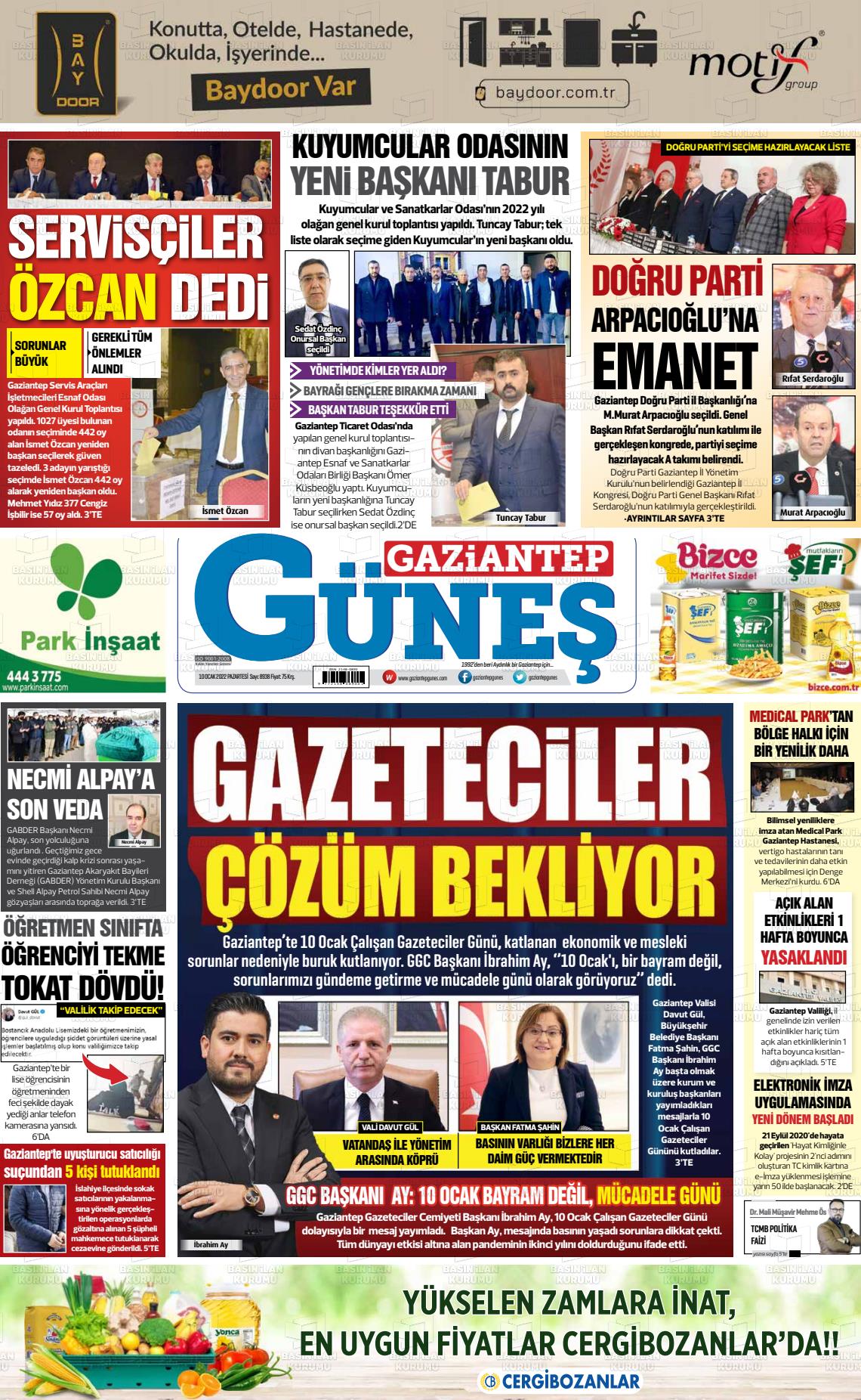 10 Ocak 2022 Gaziantep Güneş Gazete Manşeti