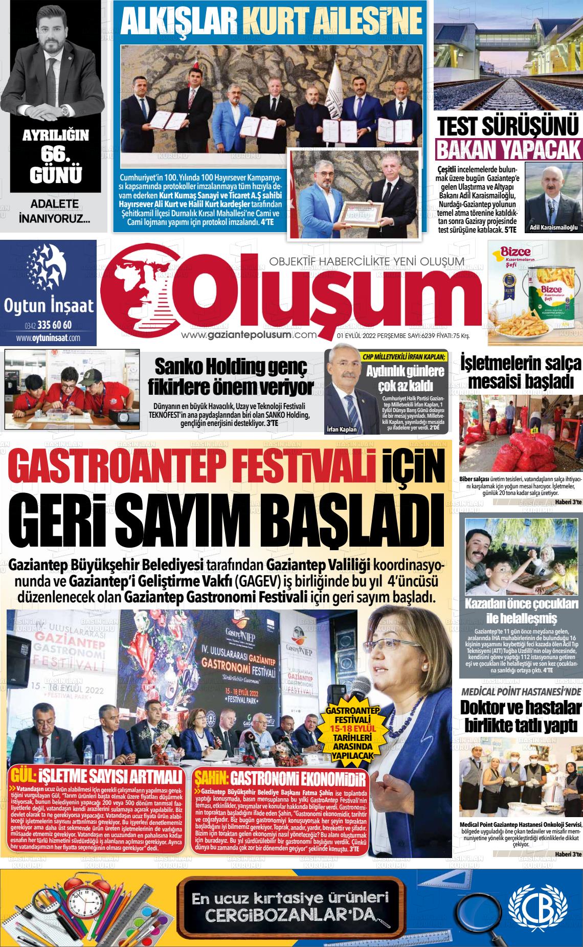 01 Eylül 2022 Gaziantep Oluşum Gazete Manşeti