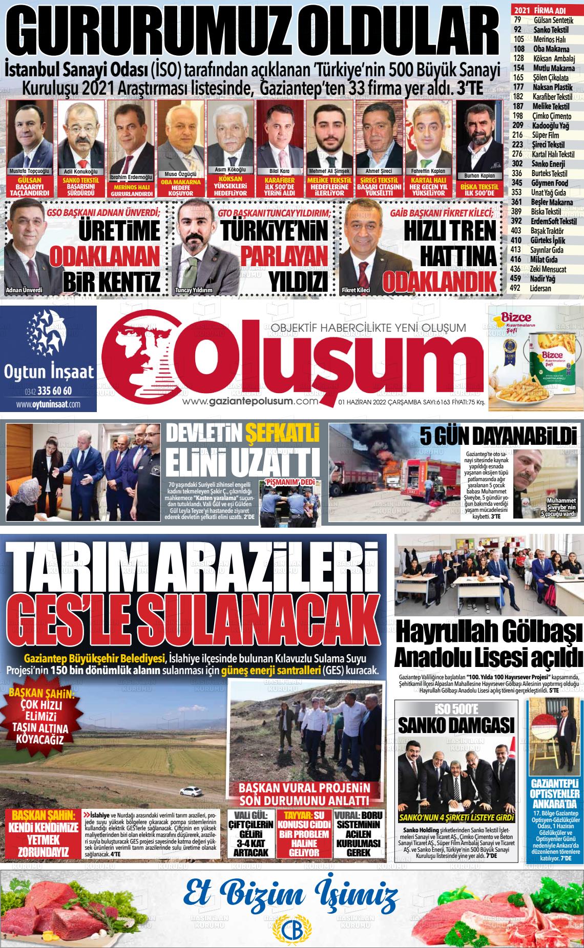 01 Haziran 2022 Gaziantep Oluşum Gazete Manşeti