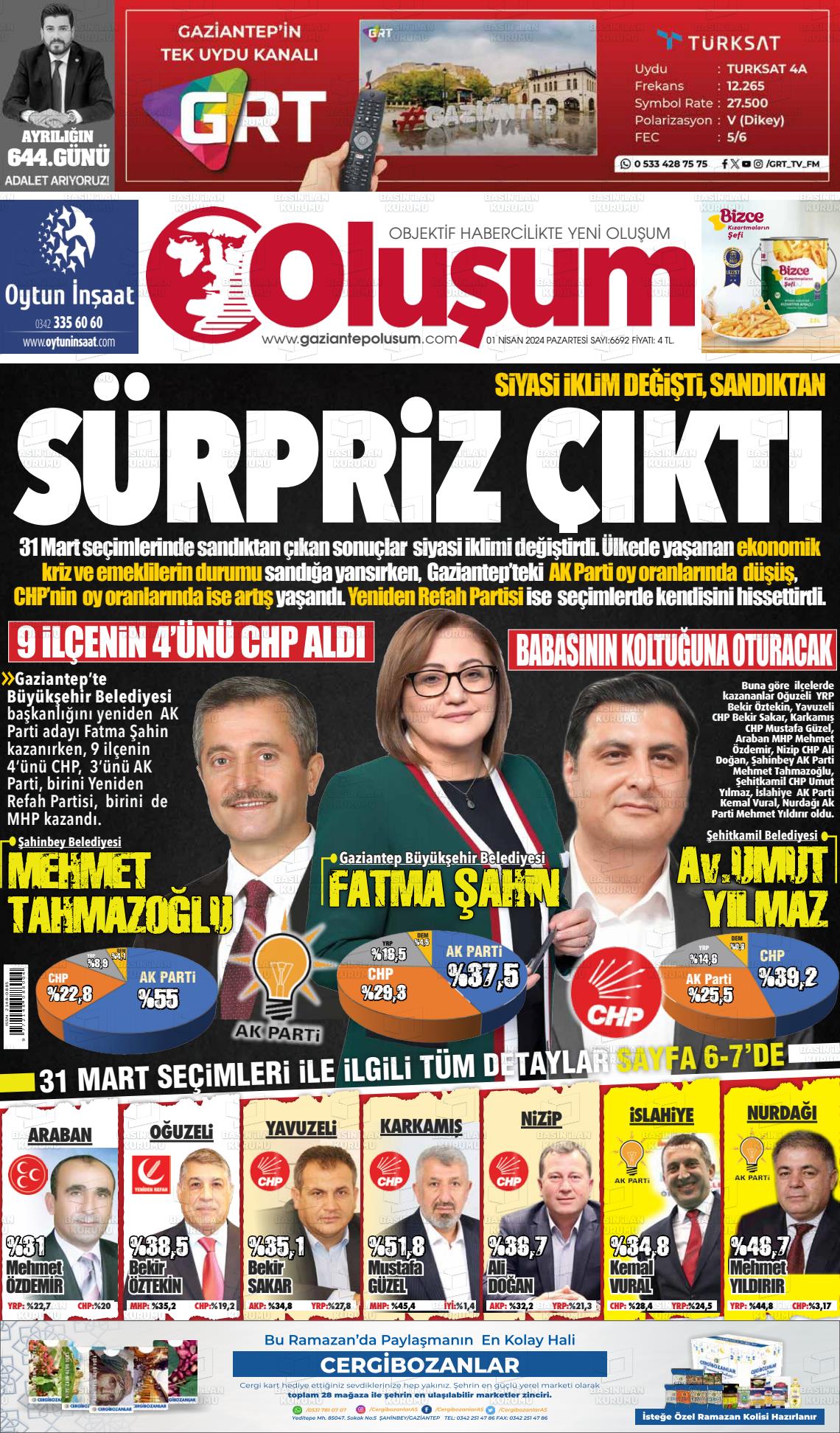 01 Nisan 2024 Gaziantep Oluşum Gazete Manşeti