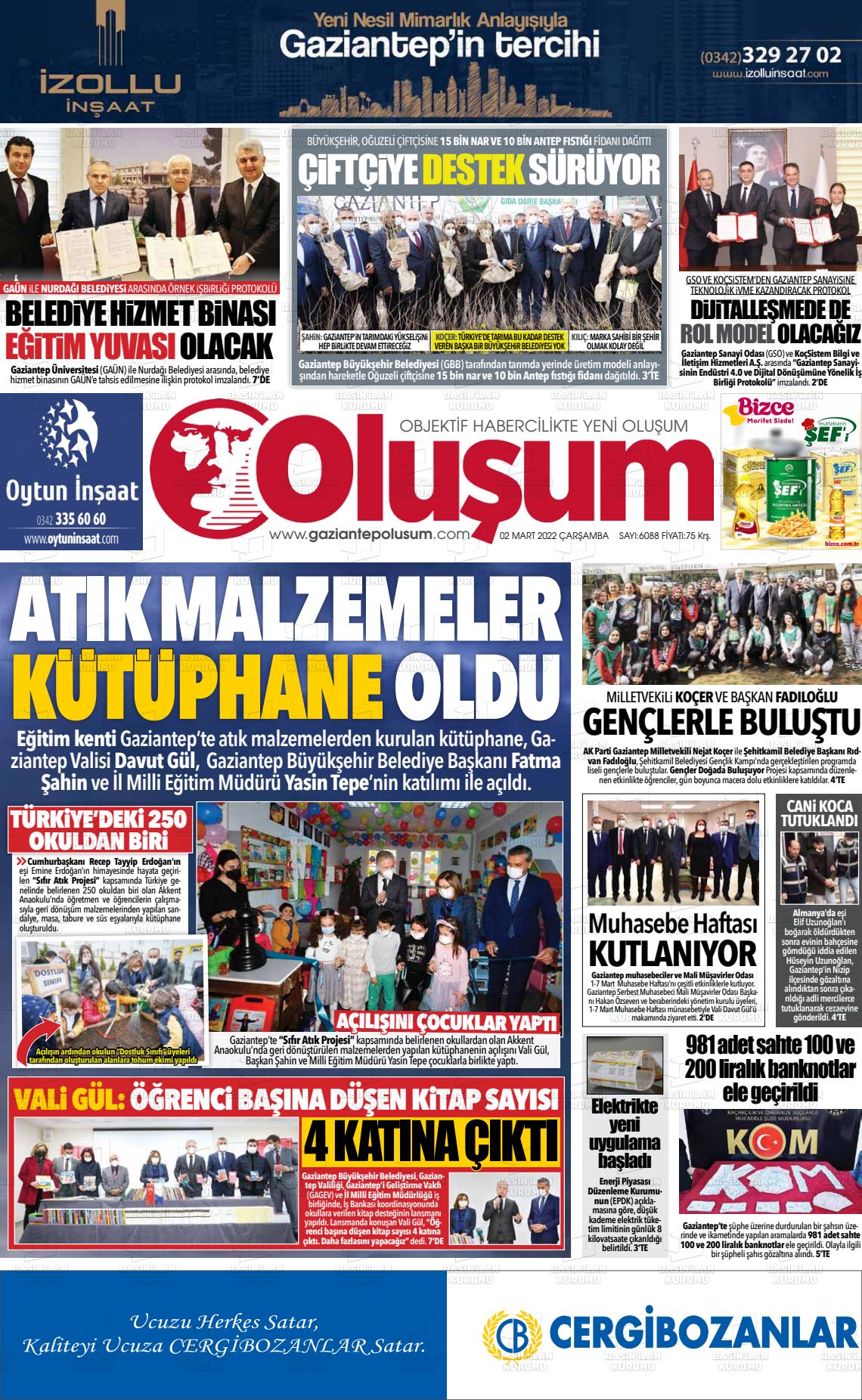 02 Mart 2022 Gaziantep Oluşum Gazete Manşeti