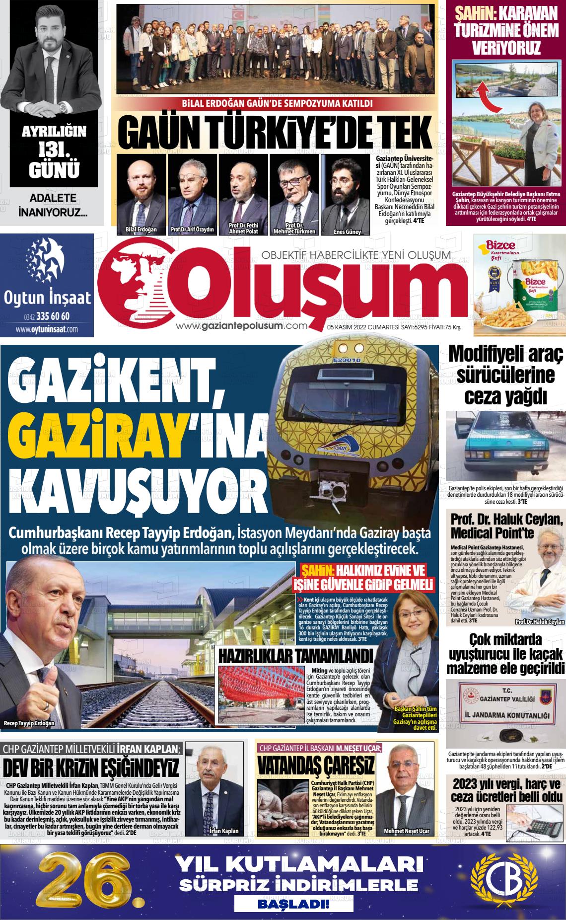 05 Kasım 2022 Gaziantep Oluşum Gazete Manşeti