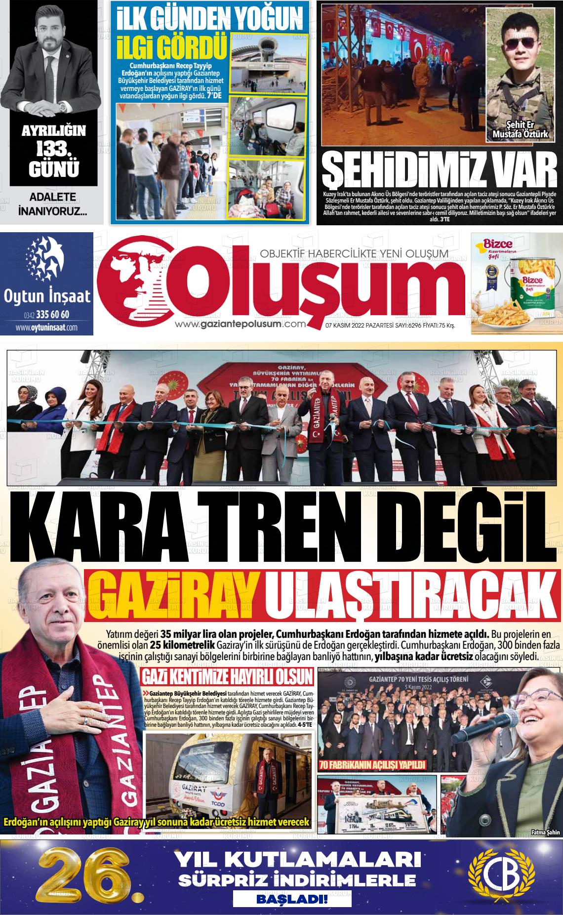 07 Kasım 2022 Gaziantep Oluşum Gazete Manşeti