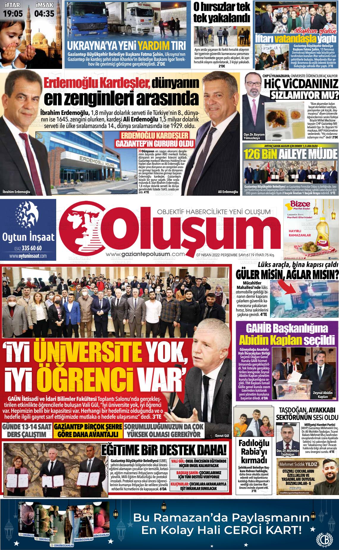 07 Nisan 2022 Gaziantep Oluşum Gazete Manşeti