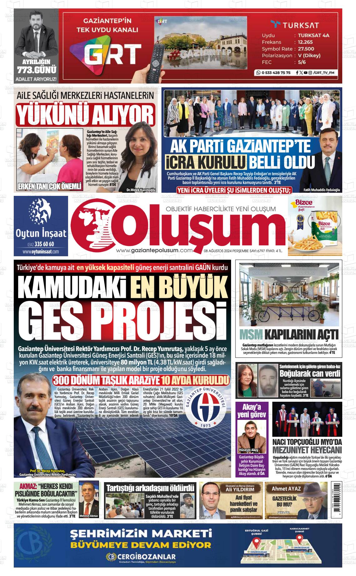 08 Ağustos 2024 Gaziantep Oluşum Gazete Manşeti