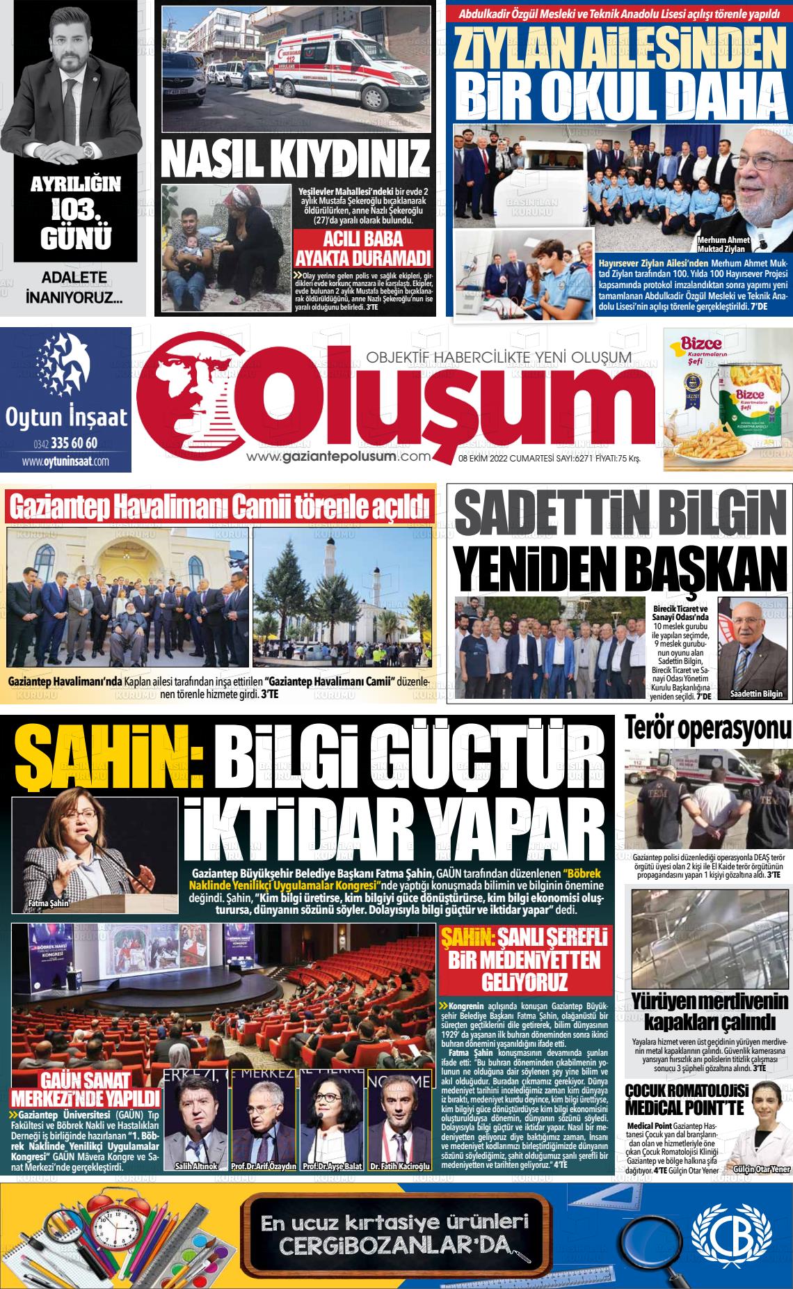 08 Ekim 2022 Gaziantep Oluşum Gazete Manşeti