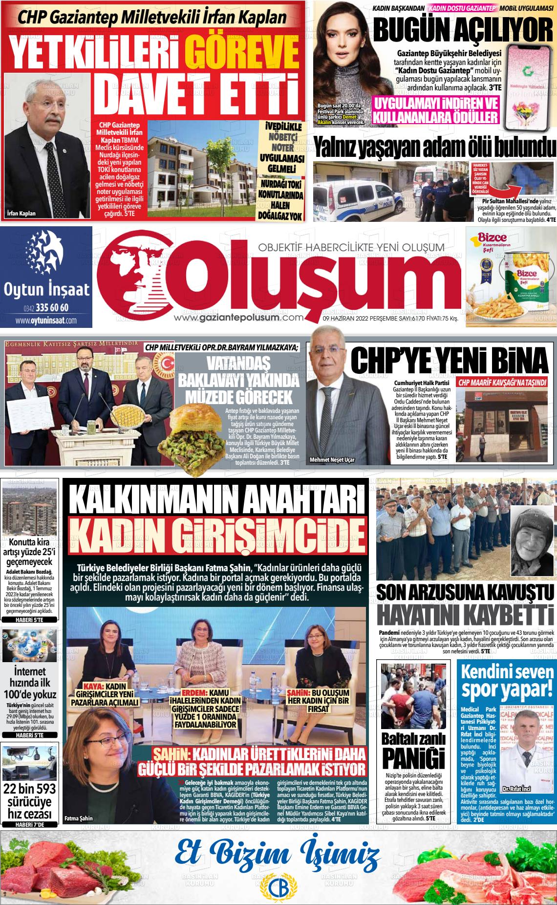 09 Haziran 2022 Gaziantep Oluşum Gazete Manşeti