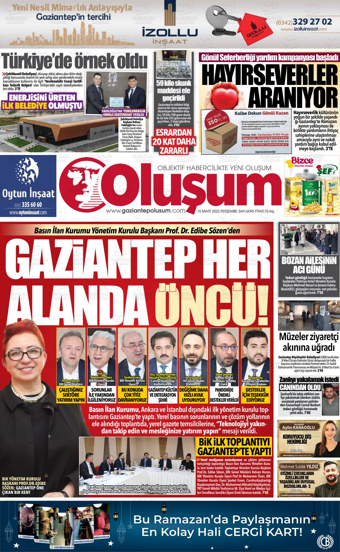 10 Mart 2022 Gaziantep Oluşum Gazete Manşeti