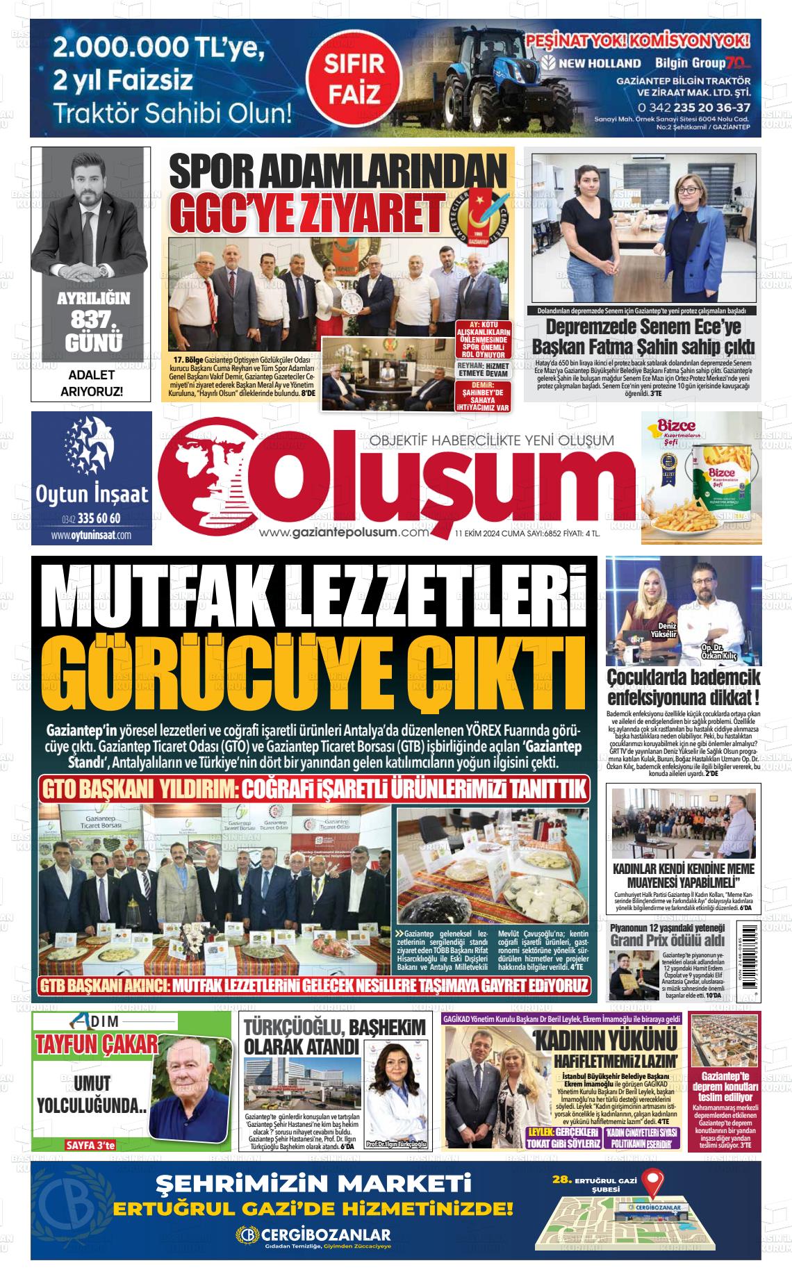 11 Ekim 2024 Gaziantep Oluşum Gazete Manşeti