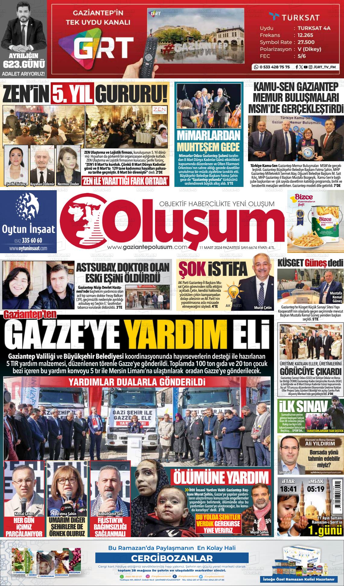 11 Mart 2024 Gaziantep Oluşum Gazete Manşeti