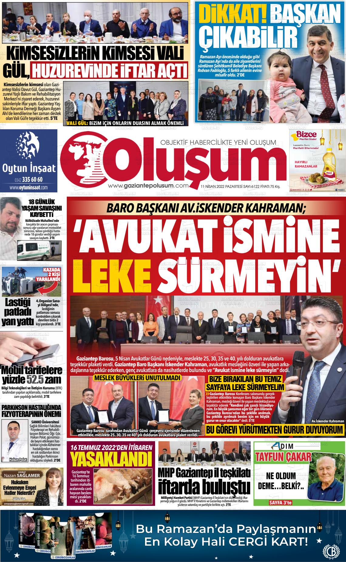 09 Haziran 2022 Gaziantep Oluşum Gazete Manşeti