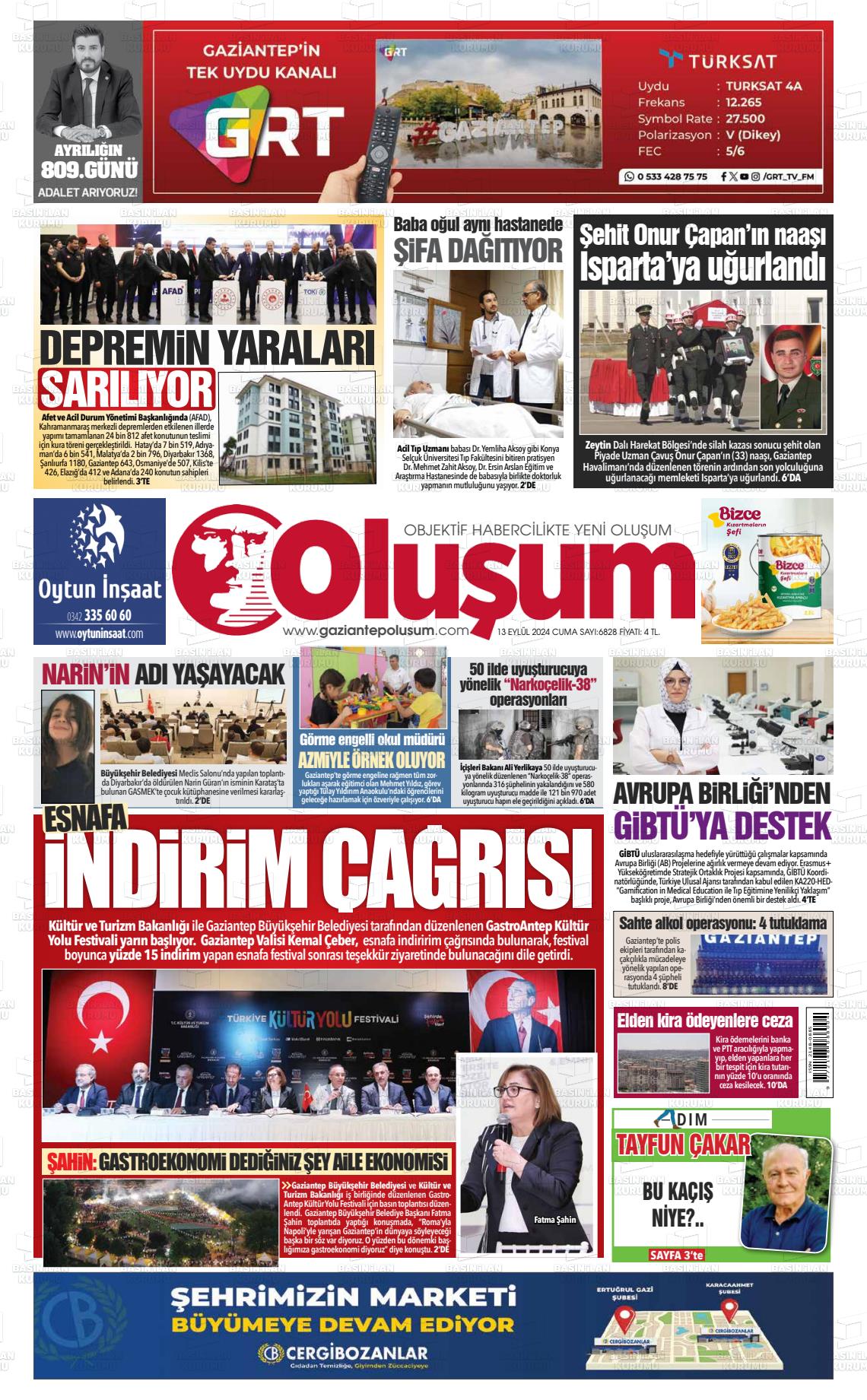 13 Eylül 2024 Gaziantep Oluşum Gazete Manşeti