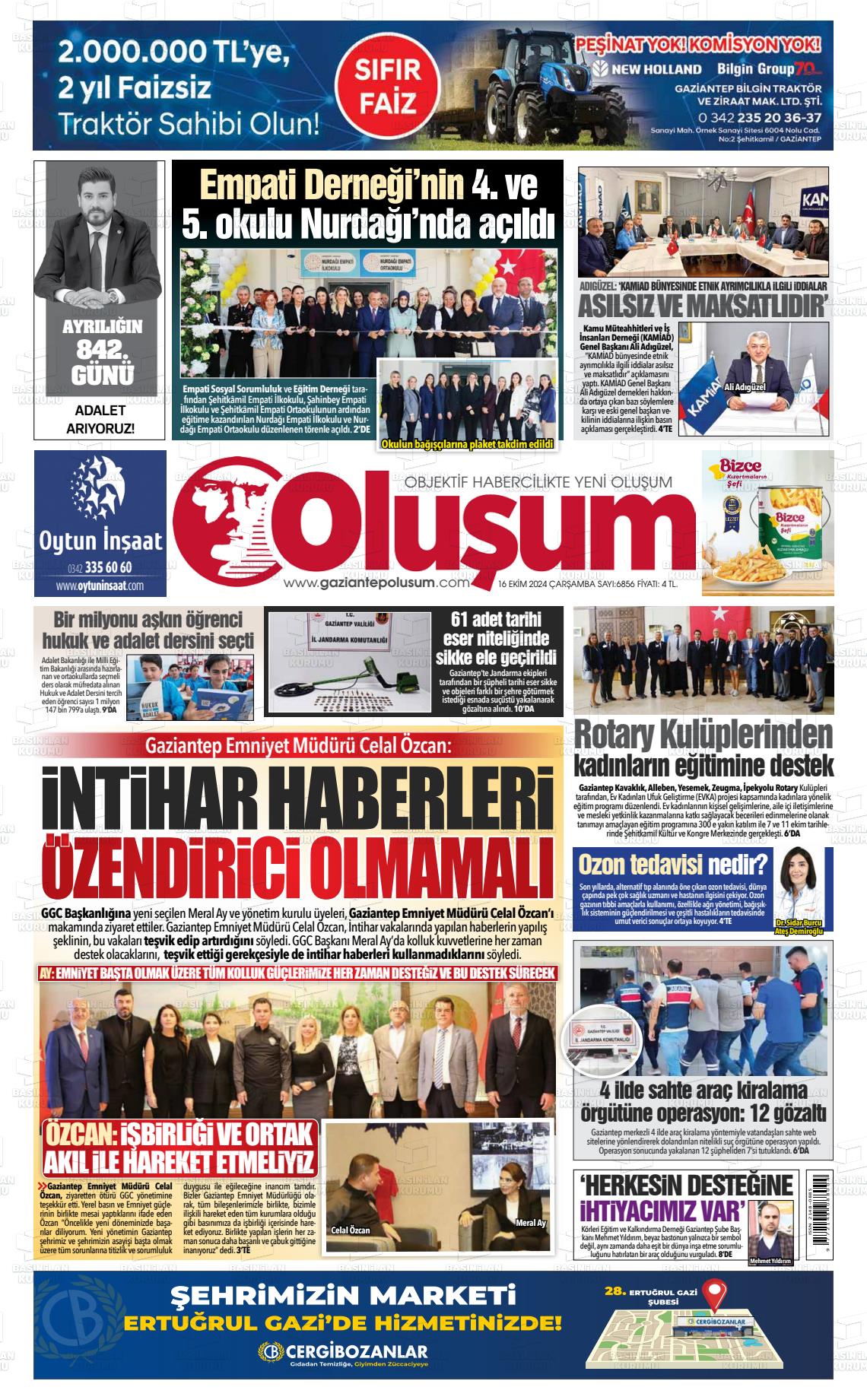 16 Ekim 2024 Gaziantep Oluşum Gazete Manşeti