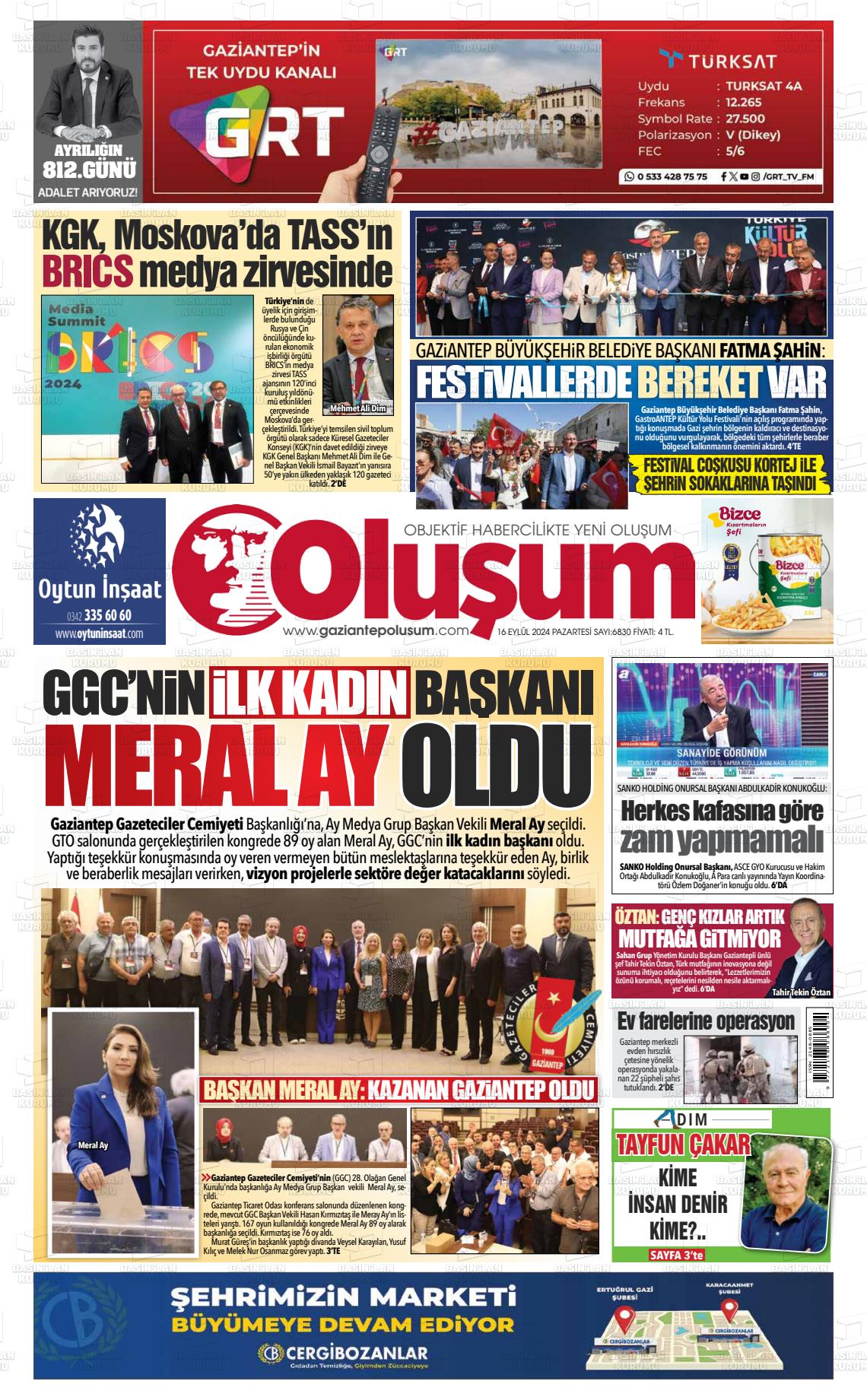 16 Eylül 2024 Gaziantep Oluşum Gazete Manşeti