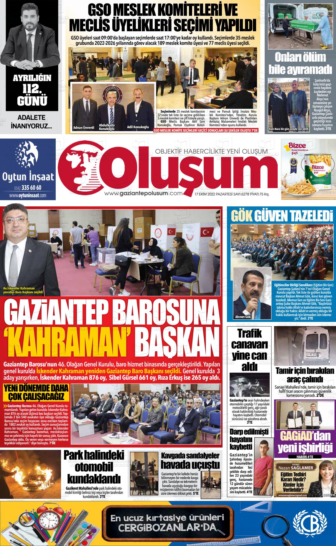 17 Ekim 2022 Gaziantep Oluşum Gazete Manşeti