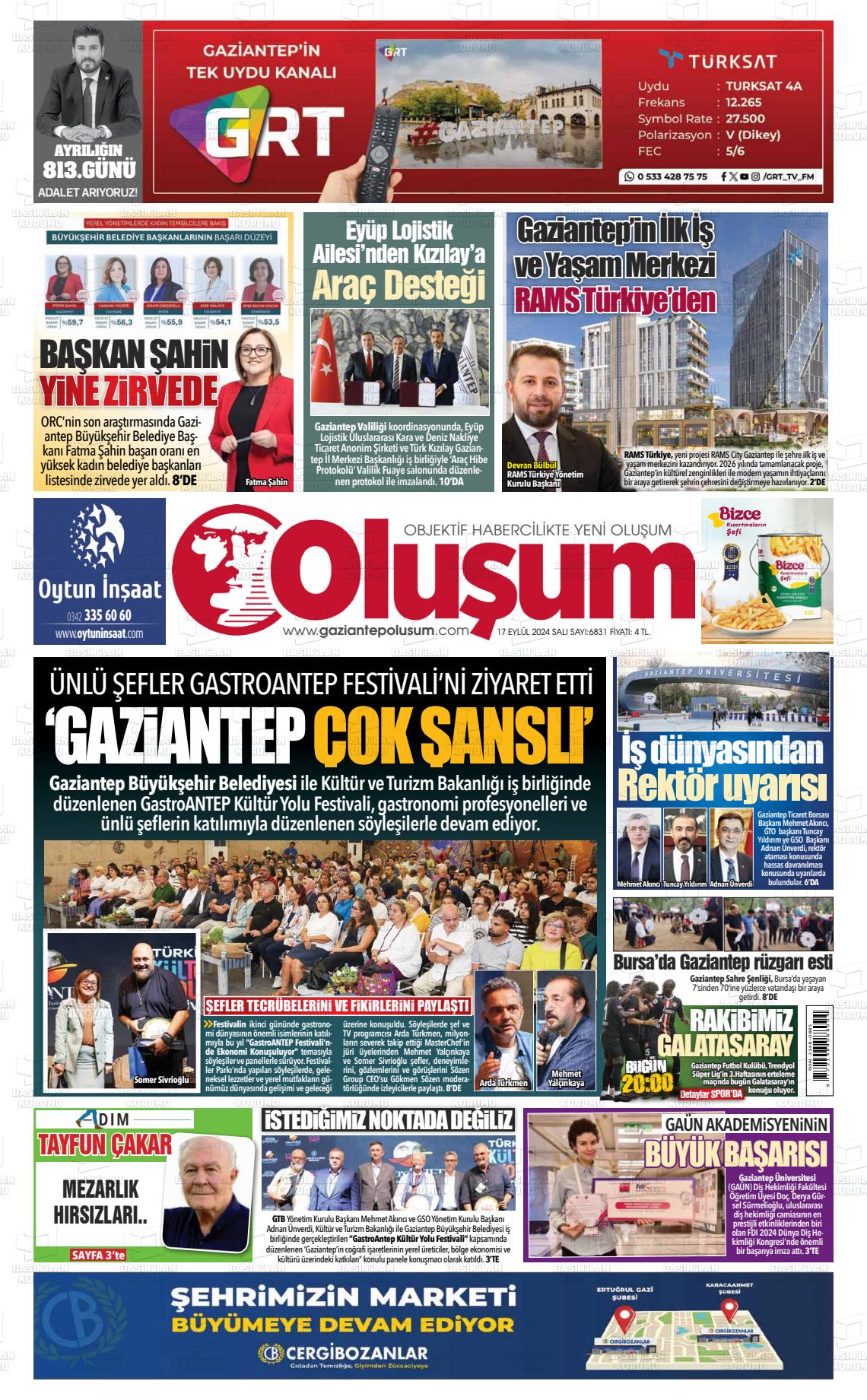 17 Eylül 2024 Gaziantep Oluşum Gazete Manşeti