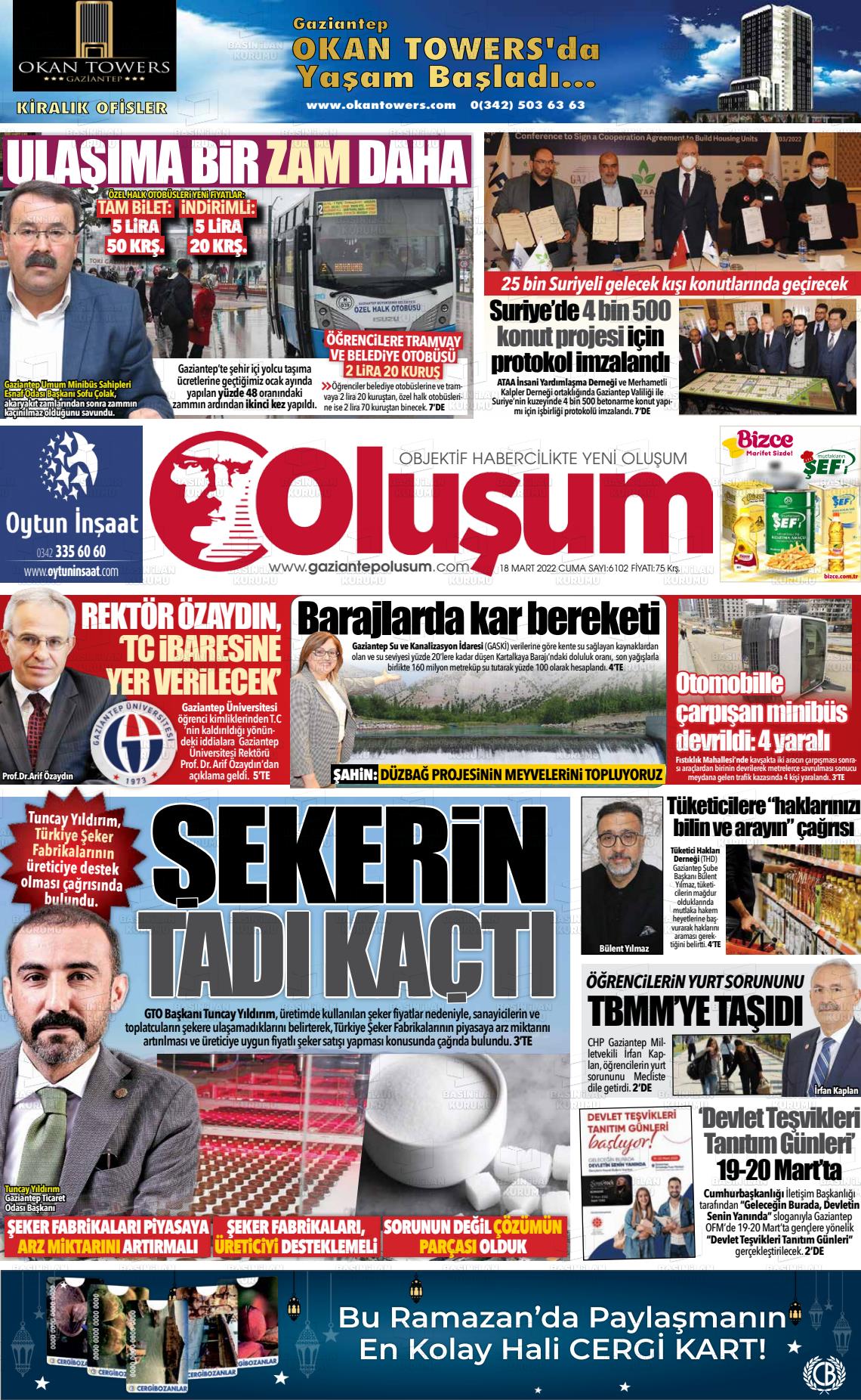 18 Mart 2022 Gaziantep Oluşum Gazete Manşeti