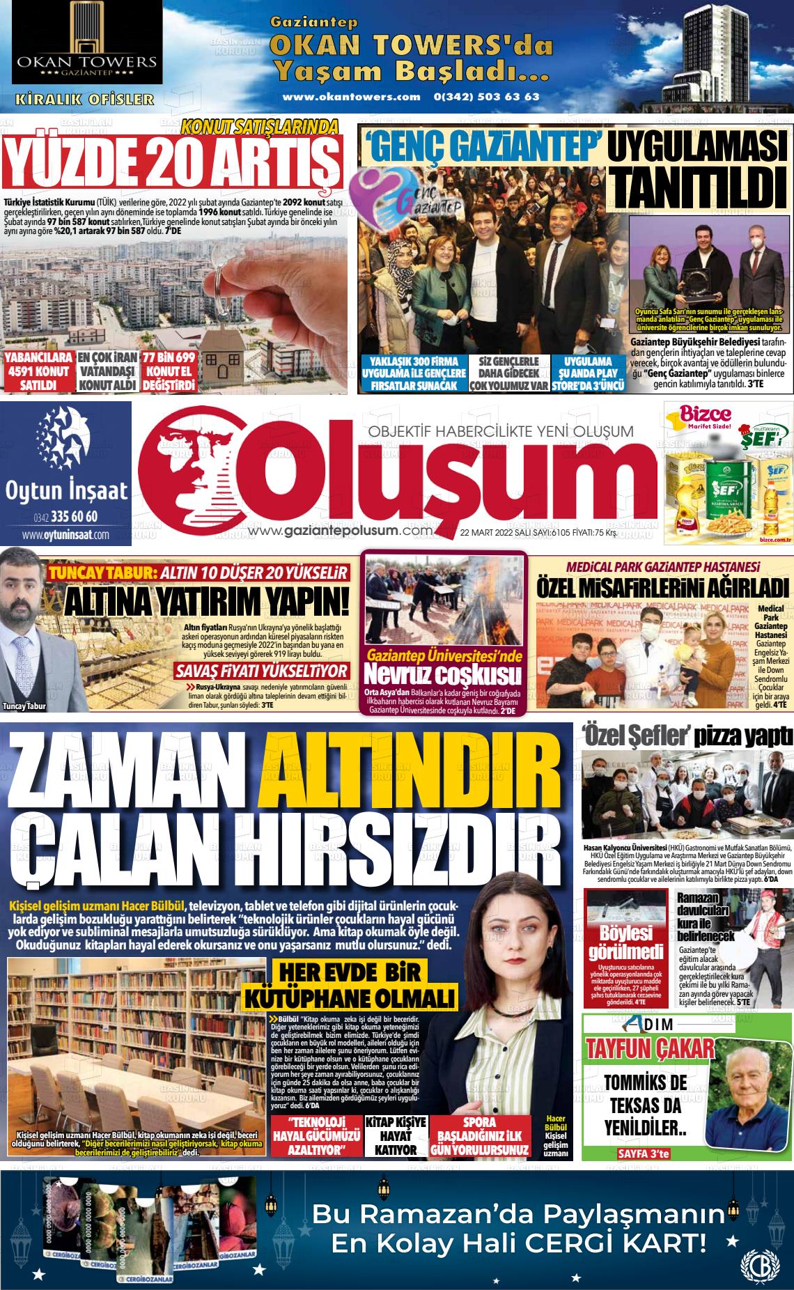 22 Mart 2022 Gaziantep Oluşum Gazete Manşeti