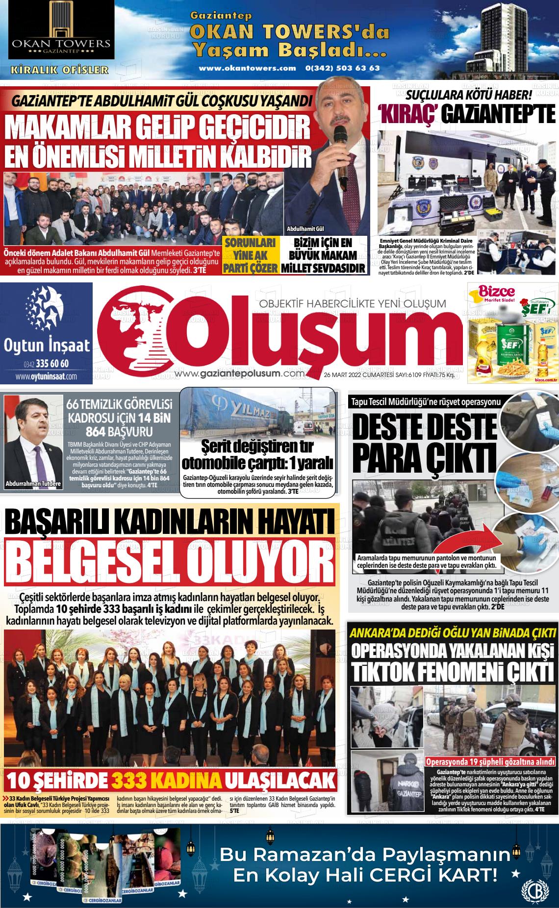 26 Mart 2022 Gaziantep Oluşum Gazete Manşeti