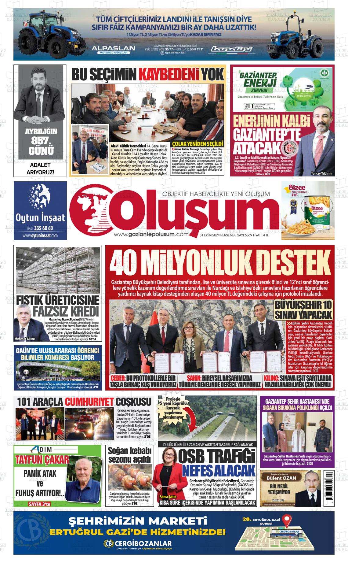 31 Ekim 2024 Gaziantep Oluşum Gazete Manşeti