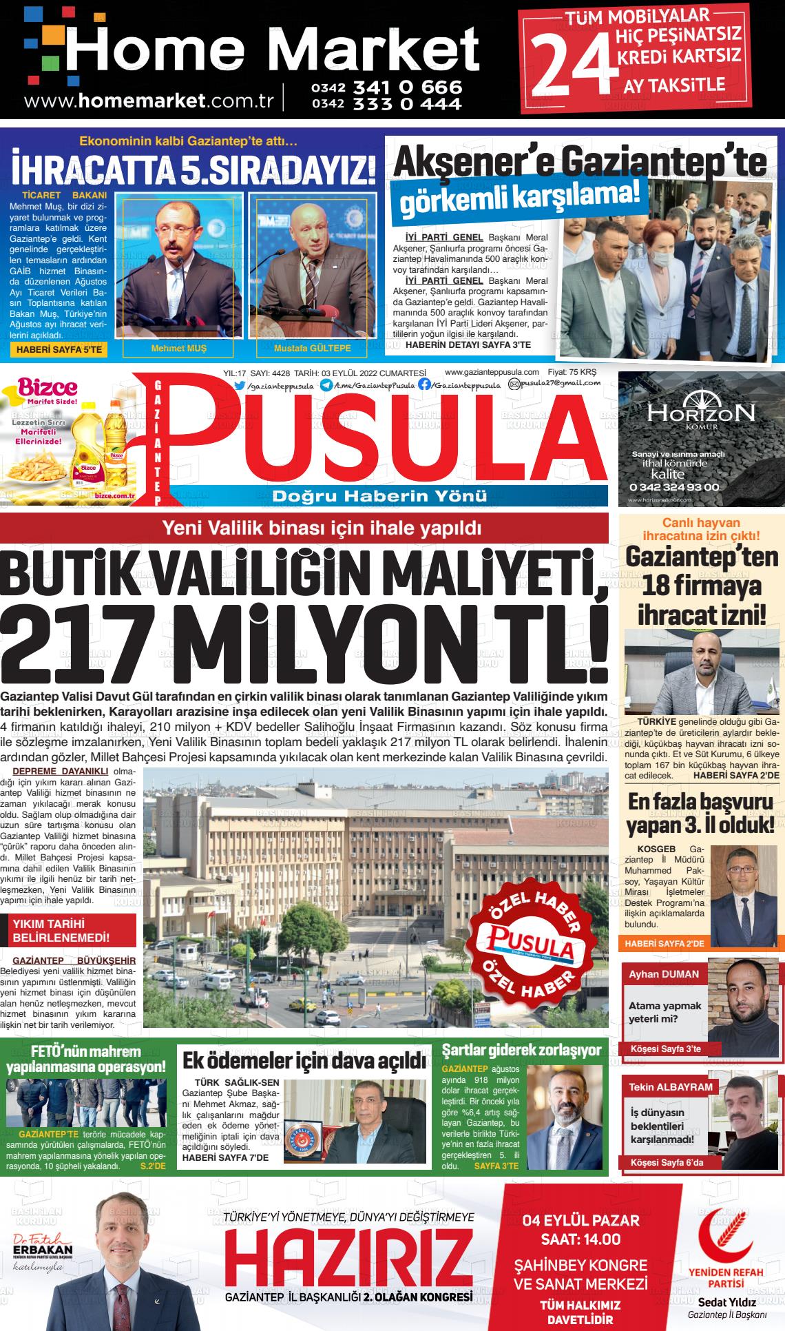 03 Eylül 2022 Gaziantep Pusula Gazete Manşeti