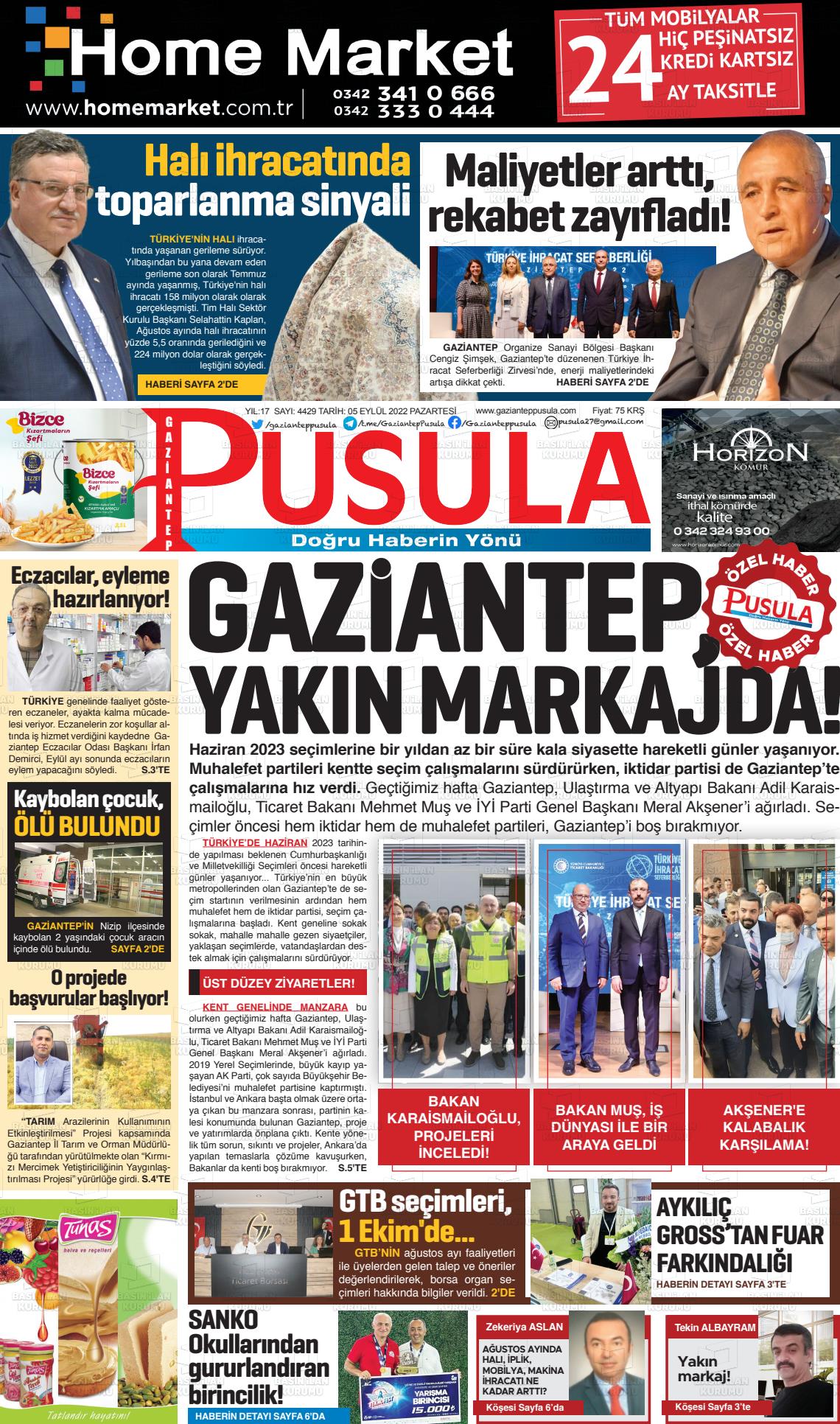 05 Eylül 2022 Gaziantep Pusula Gazete Manşeti