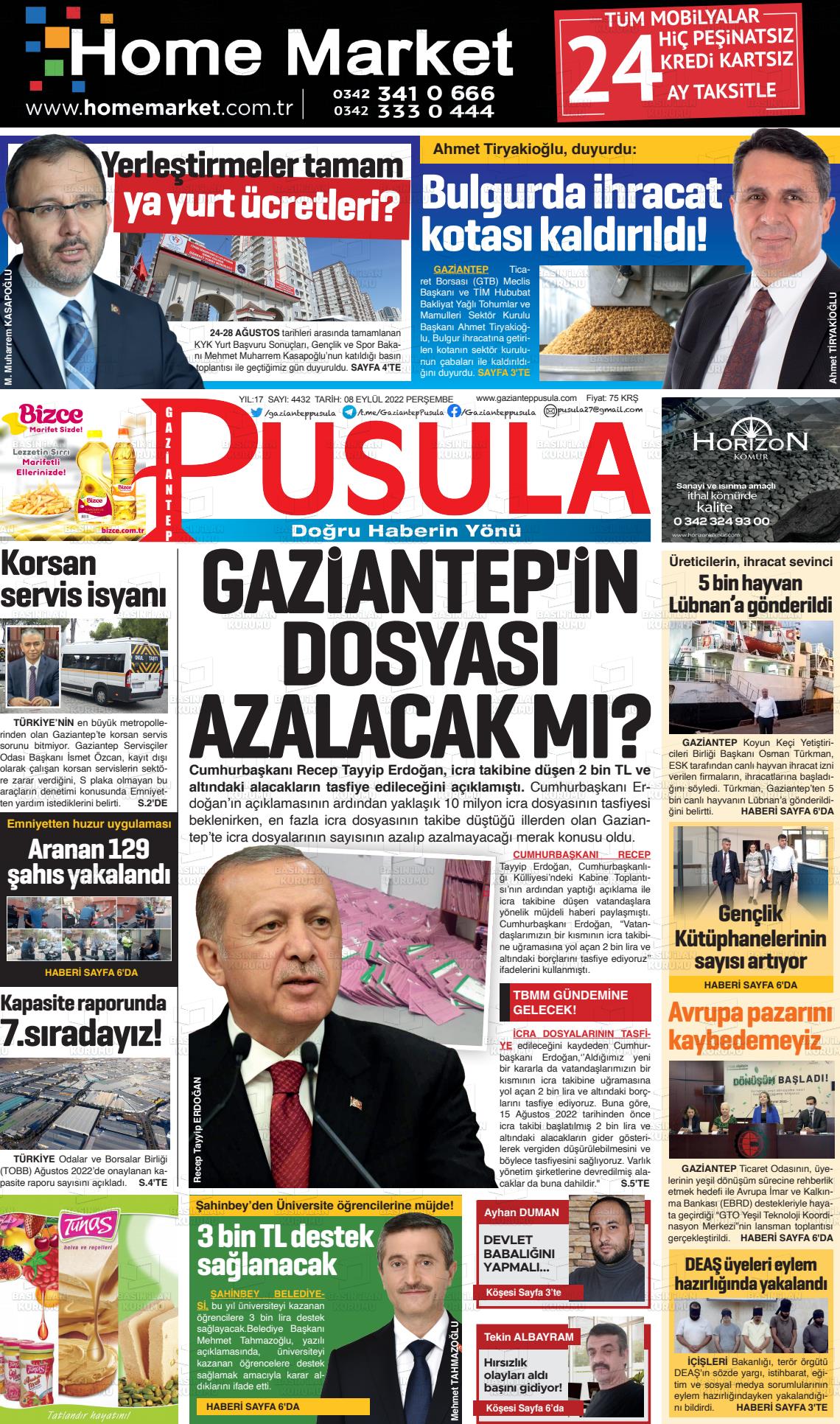 08 Eylül 2022 Gaziantep Pusula Gazete Manşeti